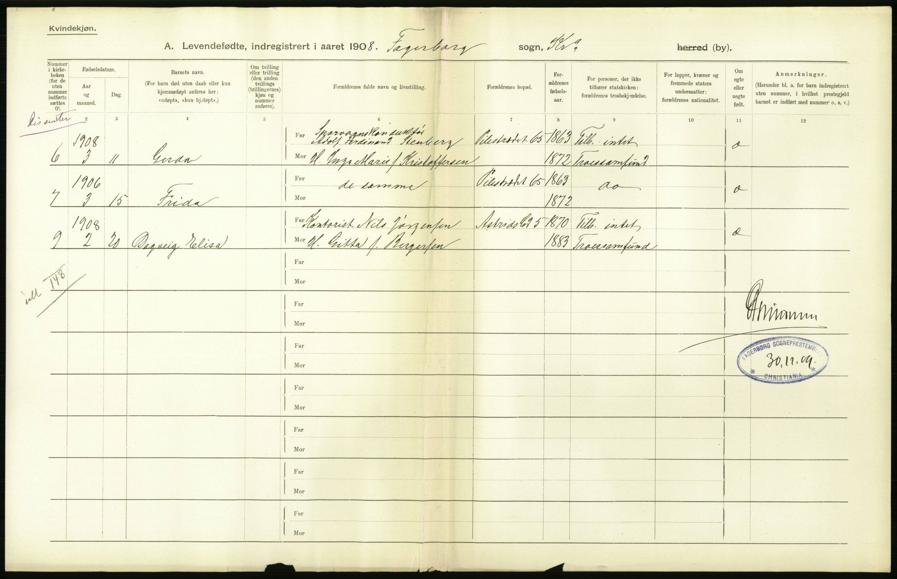 Statistisk sentralbyrå, Sosiodemografiske emner, Befolkning, AV/RA-S-2228/D/Df/Dfa/Dfaf/L0005: Kristiania: Levendefødte menn og kvinner., 1908, s. 644
