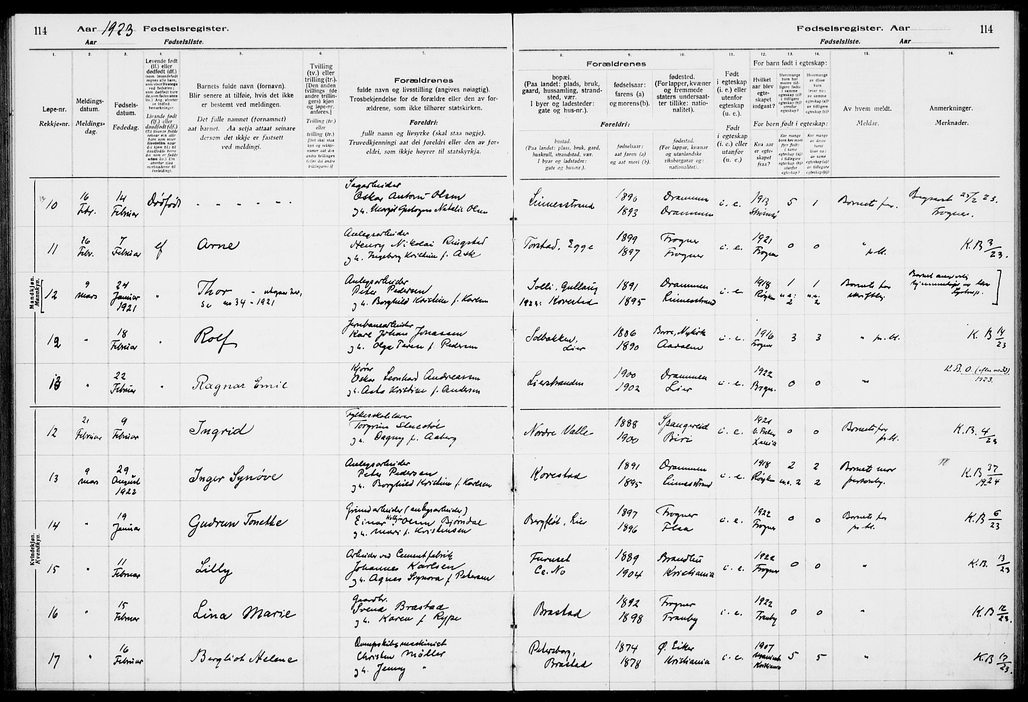 Lier kirkebøker, AV/SAKO-A-230/J/Ja/L0001: Fødselsregister nr. 1, 1916-1928, s. 114