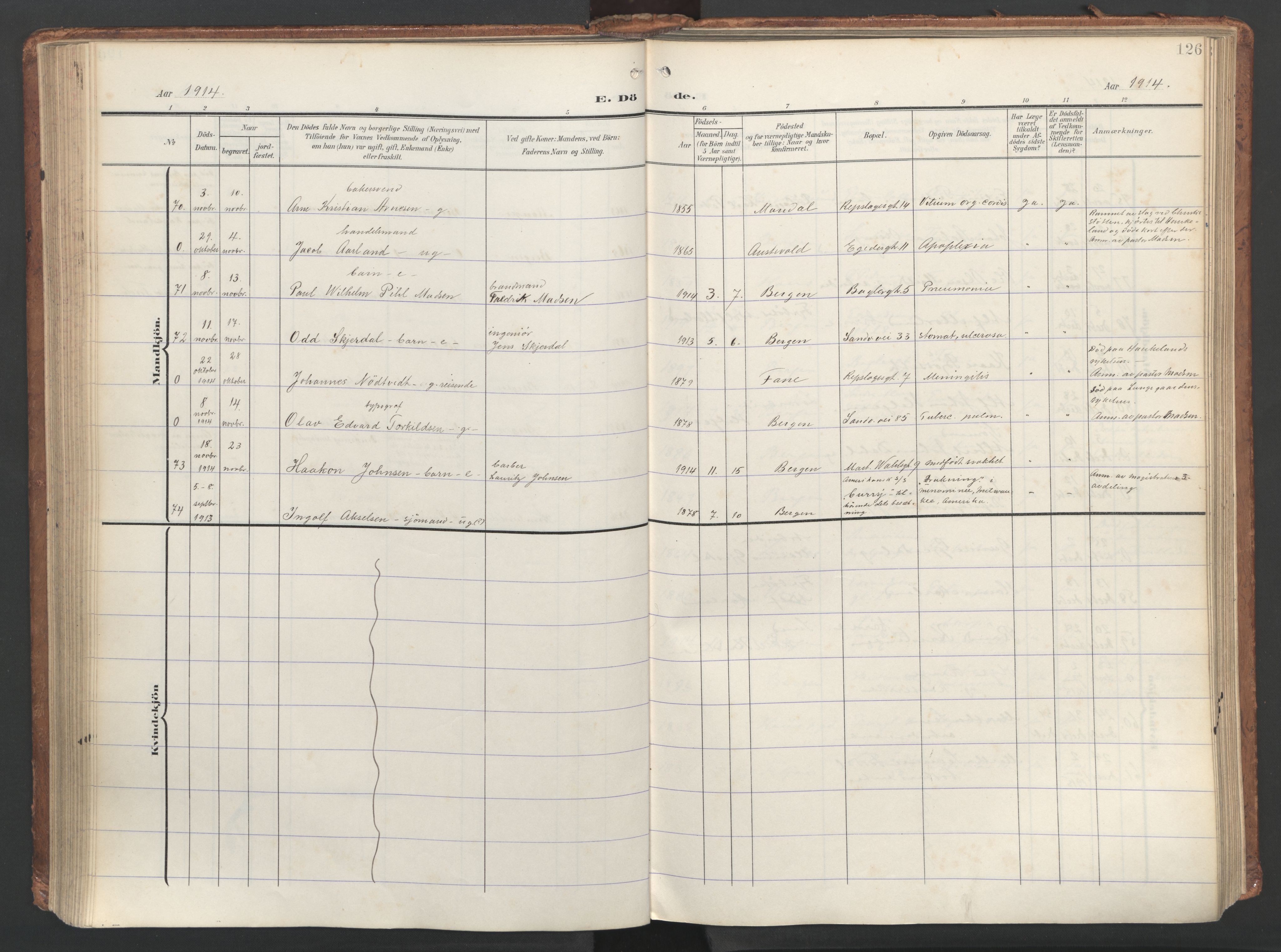 Sandviken Sokneprestembete, AV/SAB-A-77601/H/Ha/L0019: Ministerialbok nr. E 2, 1905-1933, s. 126