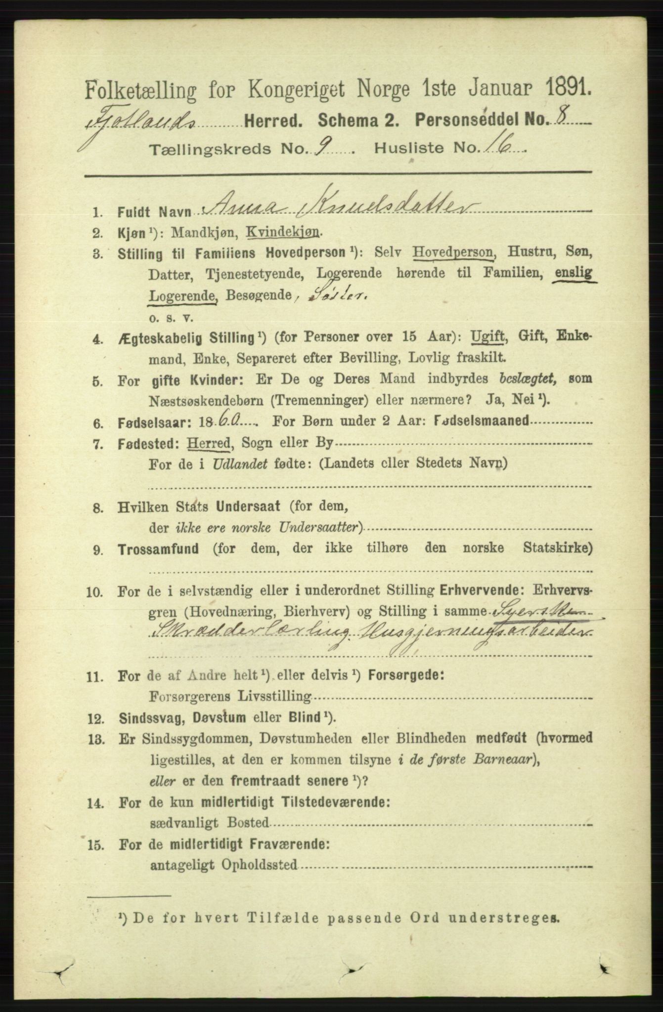 RA, Folketelling 1891 for 1036 Fjotland herred, 1891, s. 1395