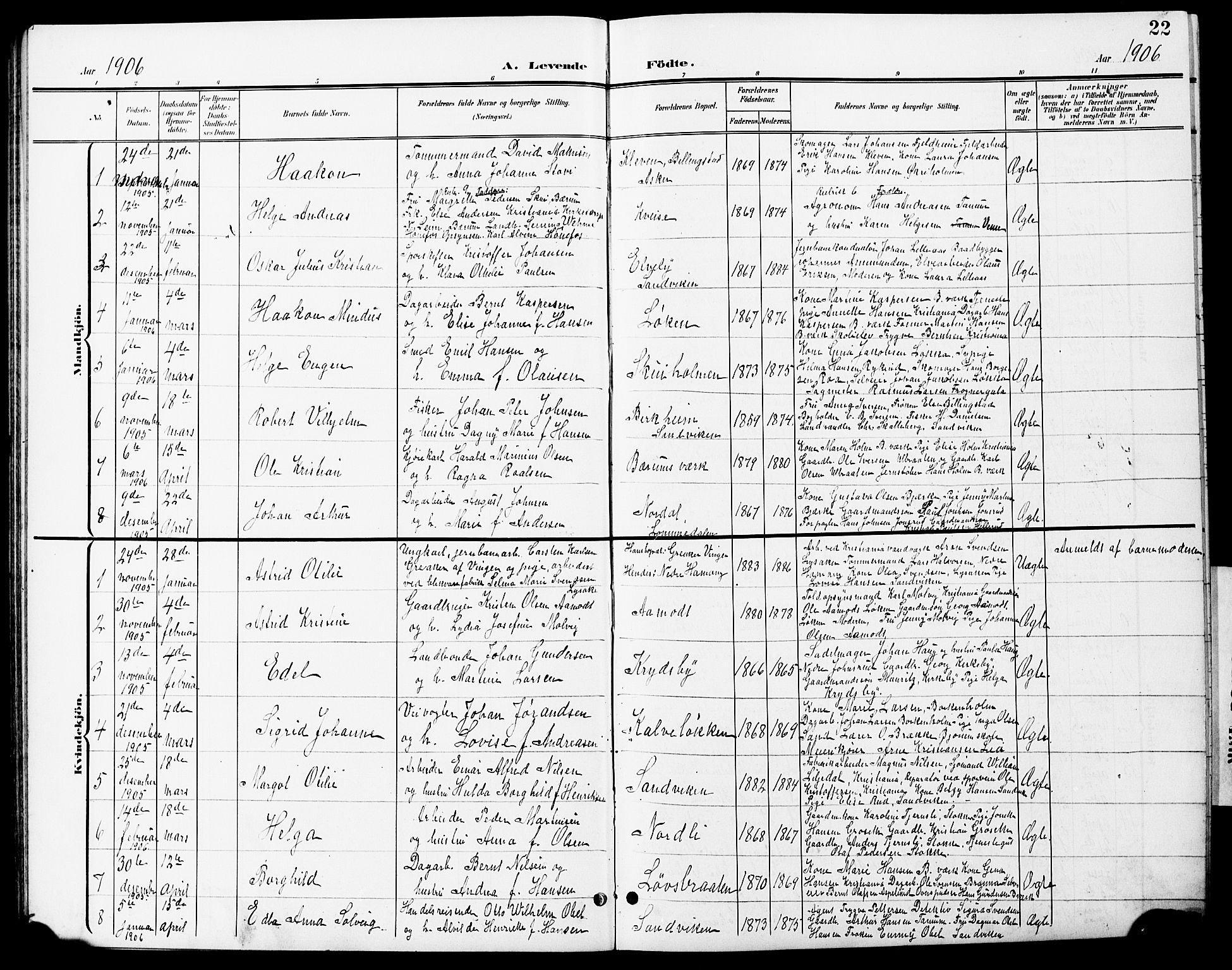 Vestre Bærum prestekontor Kirkebøker, AV/SAO-A-10209a/G/L0001: Klokkerbok nr. 1, 1901-1931, s. 22