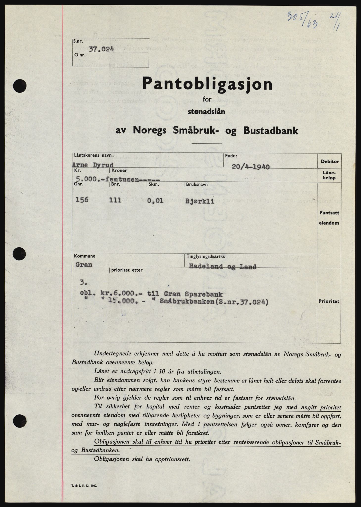 Hadeland og Land tingrett, SAH/TING-010/H/Hb/Hbc/L0050: Pantebok nr. B50, 1962-1963, Dagboknr: 305/1963