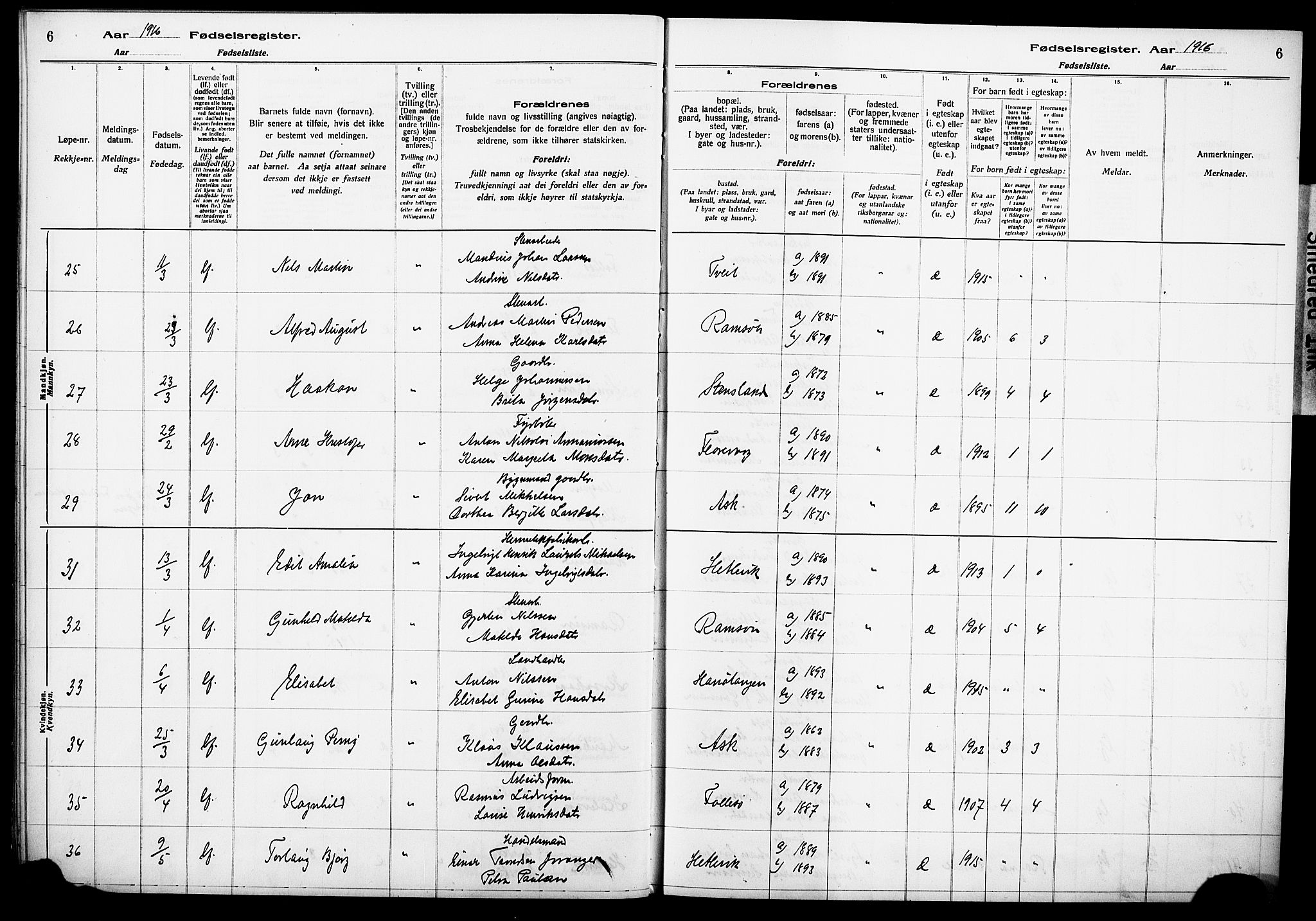 Askøy Sokneprestembete, AV/SAB-A-74101/I/Id/L00A1: Fødselsregister nr. A 1, 1916-1928, s. 6