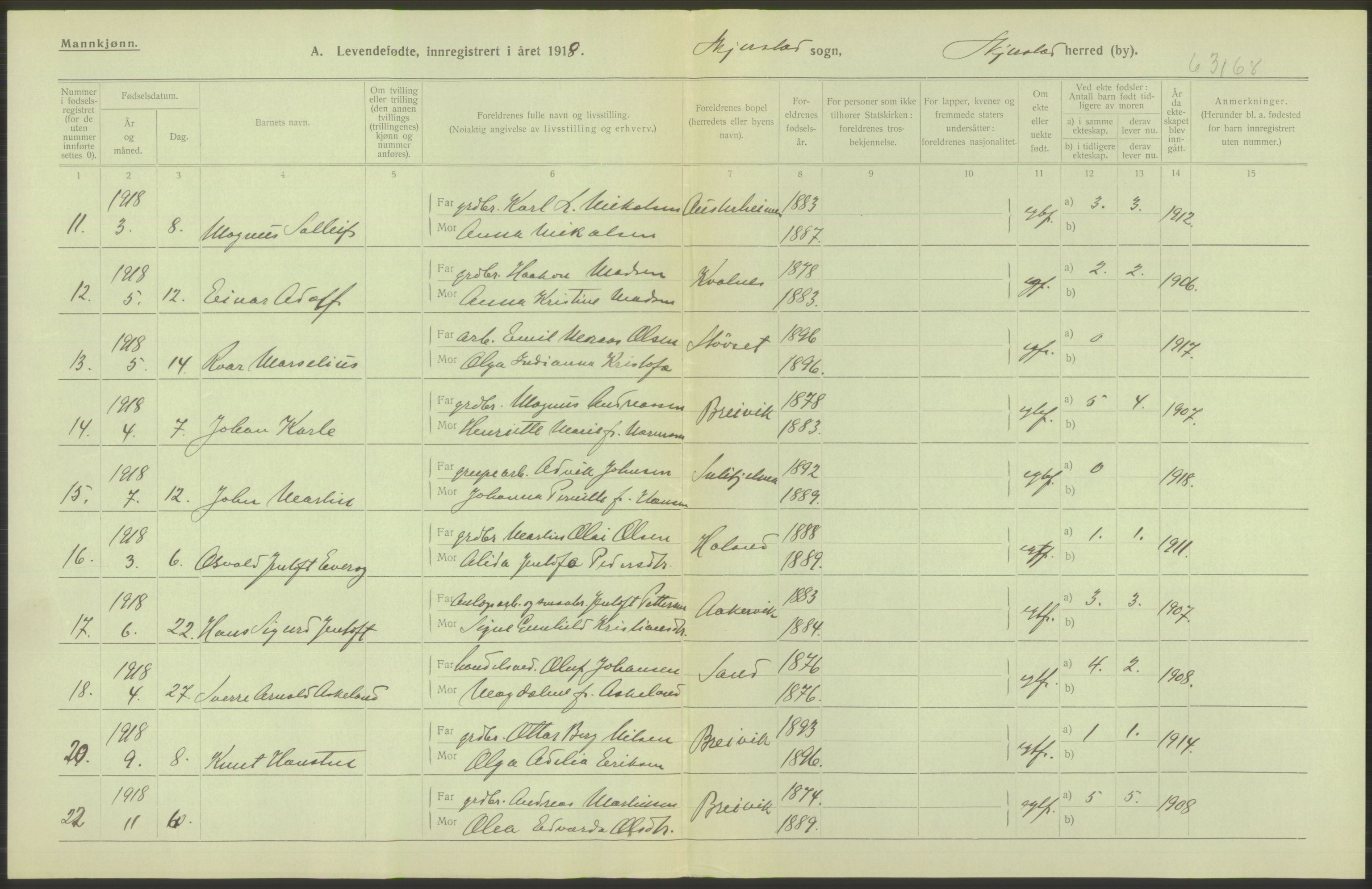 Statistisk sentralbyrå, Sosiodemografiske emner, Befolkning, AV/RA-S-2228/D/Df/Dfb/Dfbh/L0052: Nordland fylke: Levendefødte menn og kvinner. Bygder., 1918, s. 518