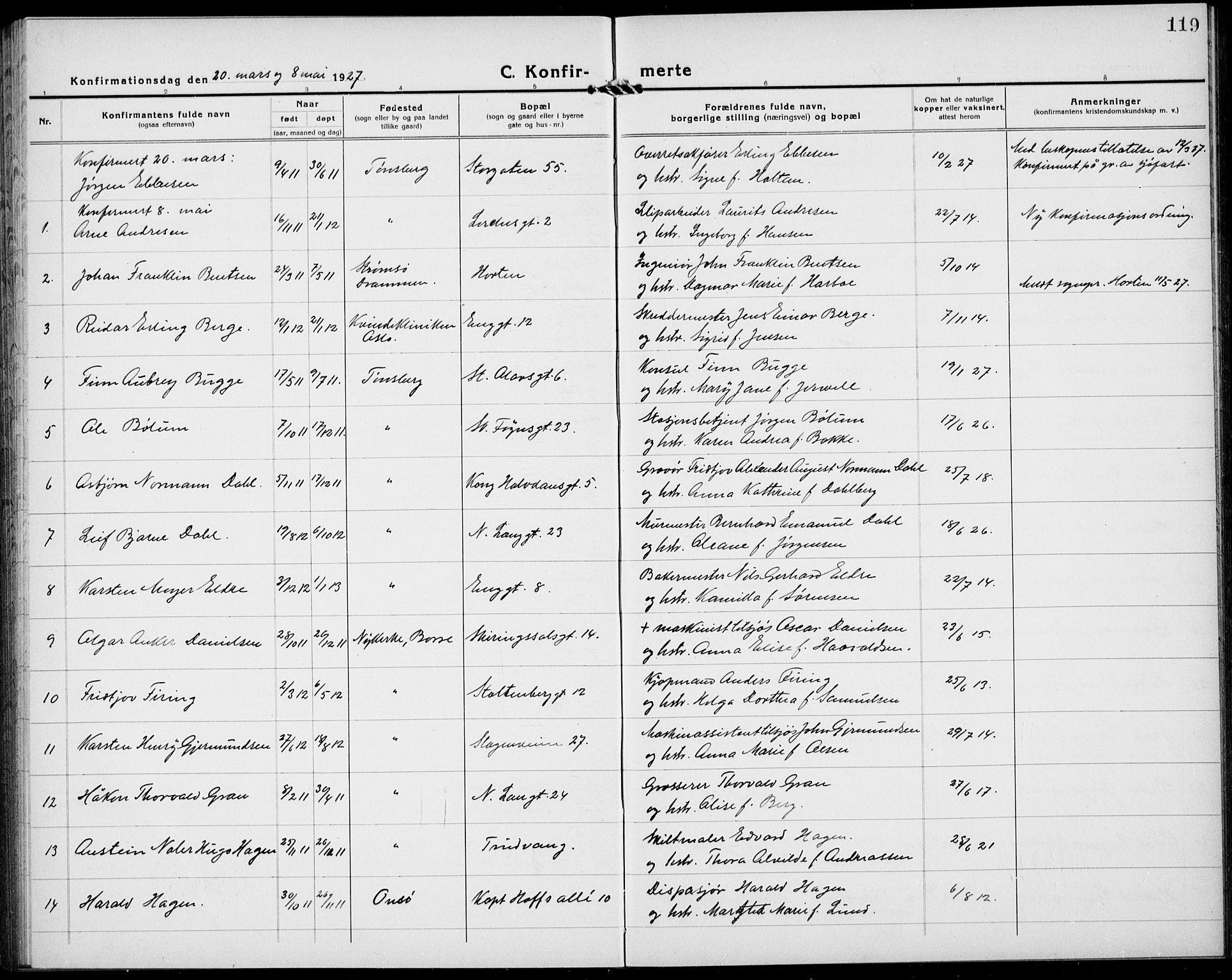 Tønsberg kirkebøker, AV/SAKO-A-330/G/Ga/L0013: Klokkerbok nr. 13, 1920-1929, s. 119