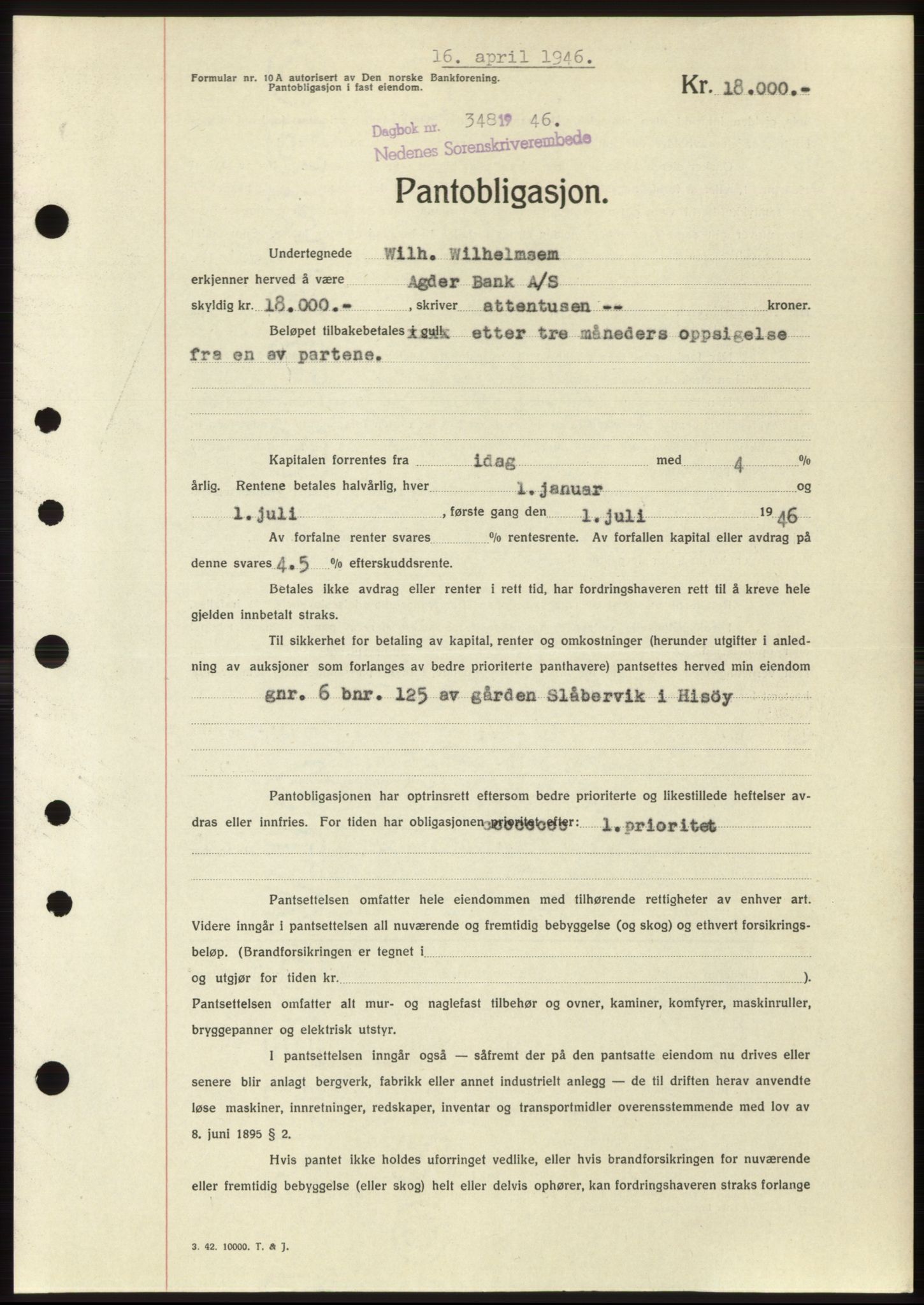 Nedenes sorenskriveri, AV/SAK-1221-0006/G/Gb/Gbb/L0003: Pantebok nr. B3b, 1946-1946, Dagboknr: 348/1946