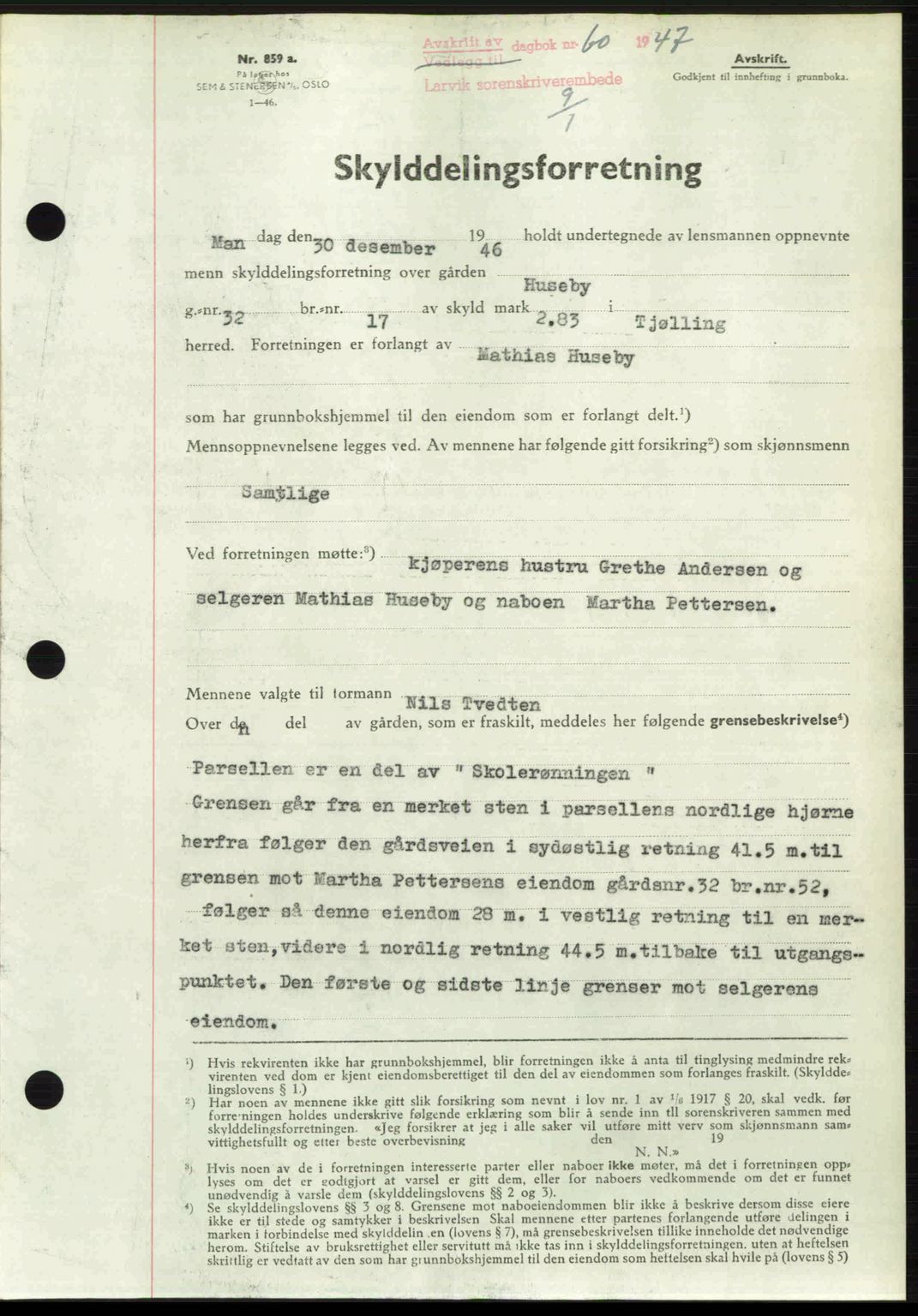 Larvik sorenskriveri, SAKO/A-83/G/Ga/Gab/L0083: Pantebok nr. A-17, 1946-1947, Dagboknr: 60/1947