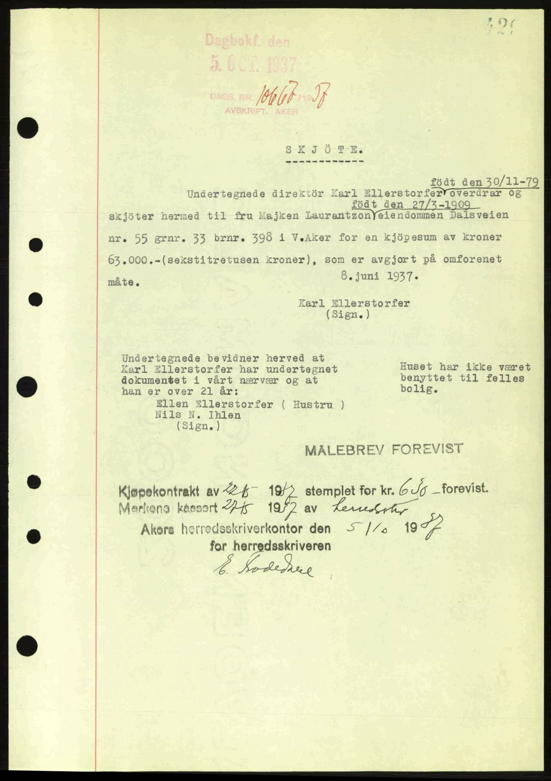 Aker herredsskriveri, SAO/A-10896/G/Gb/Gba/Gbab/L0017: Pantebok nr. A148, 1937-1937, Dagboknr: 10667/1937