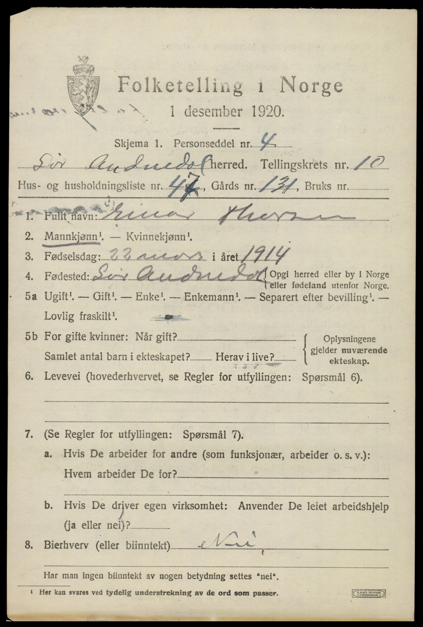 SAK, Folketelling 1920 for 1029 Sør-Audnedal herred, 1920, s. 4239