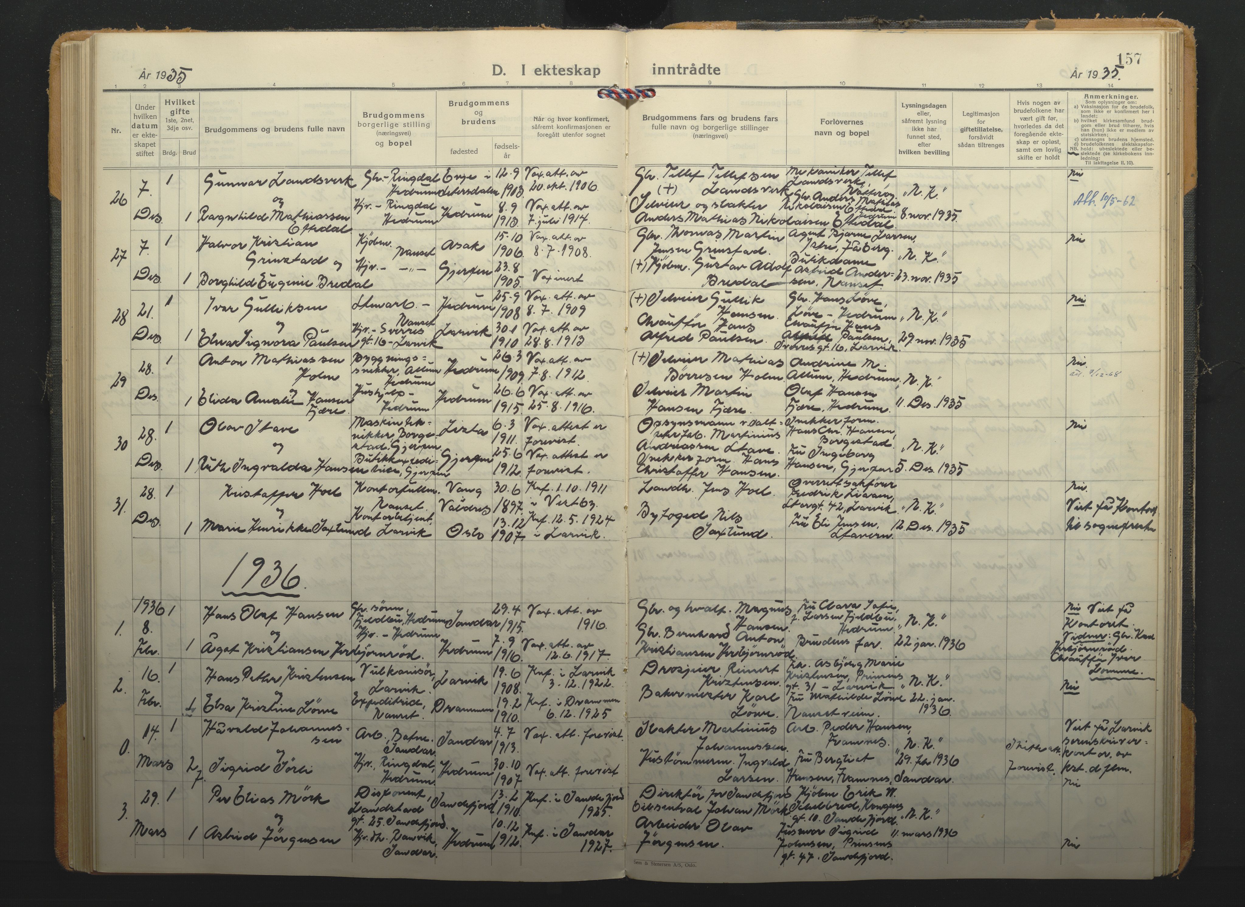 Hedrum kirkebøker, AV/SAKO-A-344/F/Fa/L0012: Ministerialbok nr. I 12, 1934-1941, s. 157