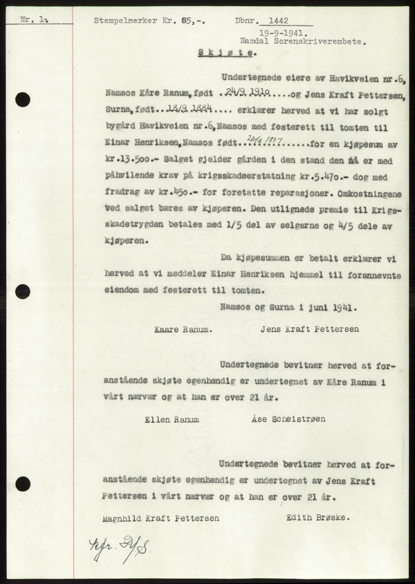 Namdal sorenskriveri, SAT/A-4133/1/2/2C: Pantebok nr. -, 1941-1942, Dagboknr: 1442/1941