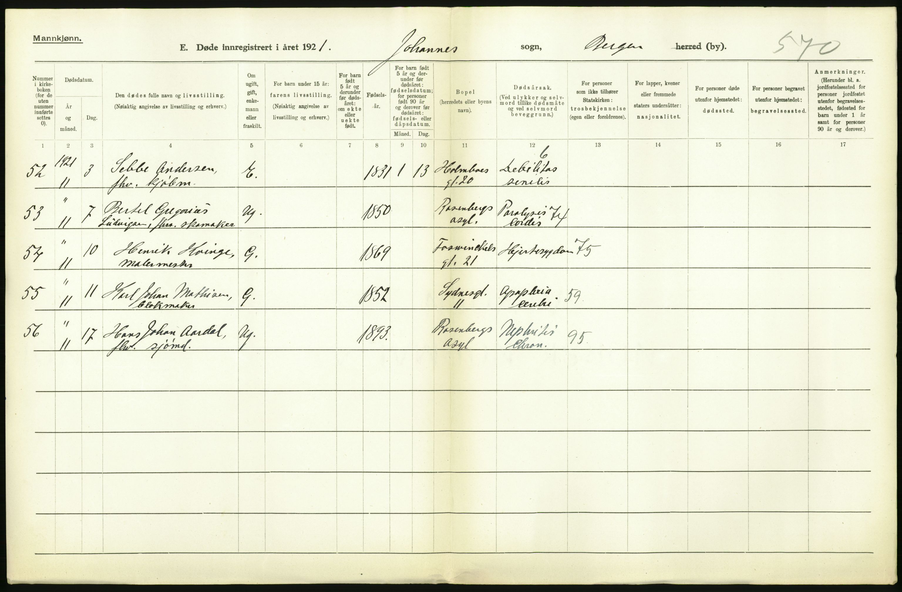 Statistisk sentralbyrå, Sosiodemografiske emner, Befolkning, RA/S-2228/D/Df/Dfc/Dfca/L0036: Bergen: Døde., 1921, s. 56