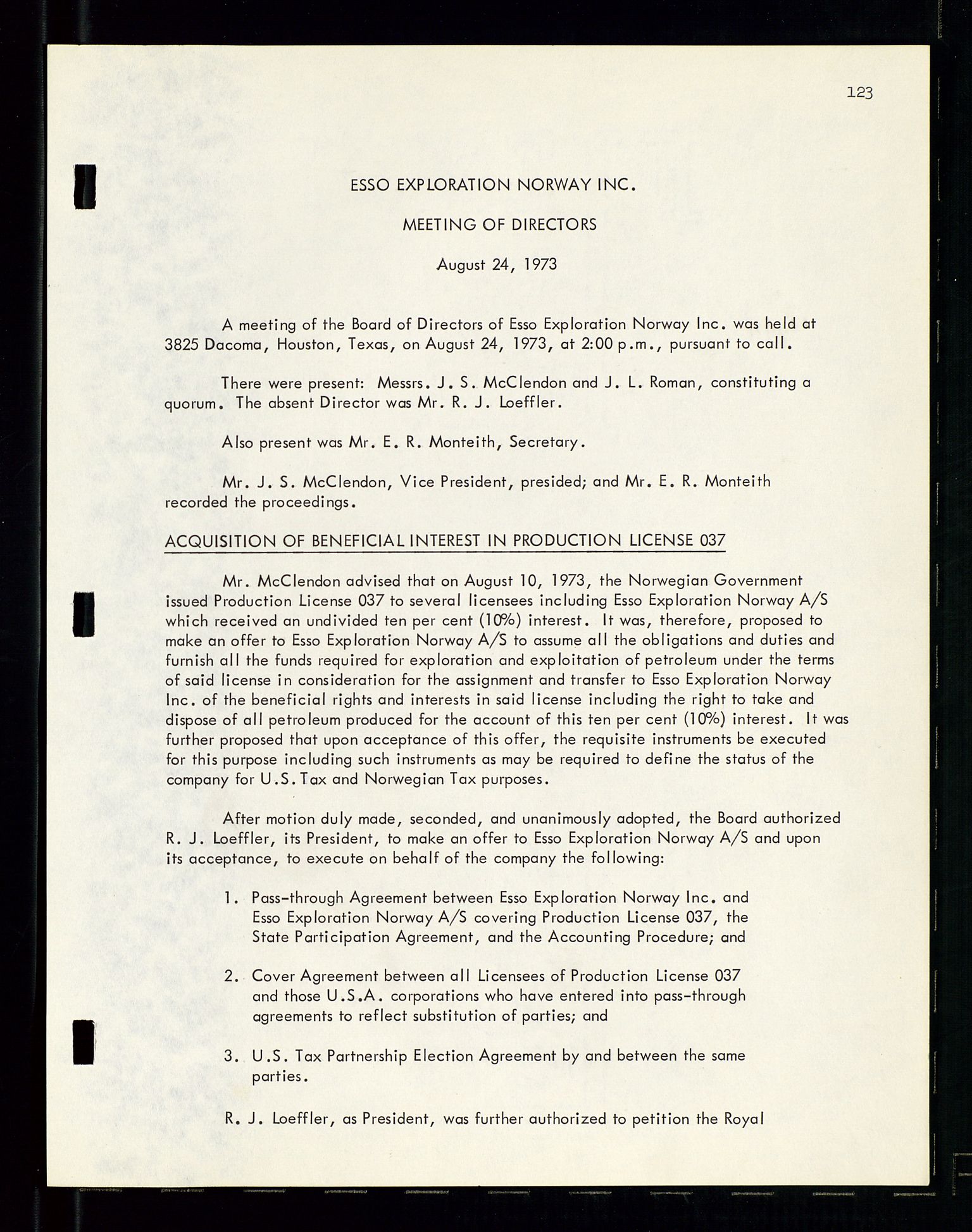 Pa 1512 - Esso Exploration and Production Norway Inc., SAST/A-101917/A/Aa/L0001/0001: Styredokumenter / Corporate records, By-Laws, Board meeting minutes, Incorporations, 1965-1975, s. 123