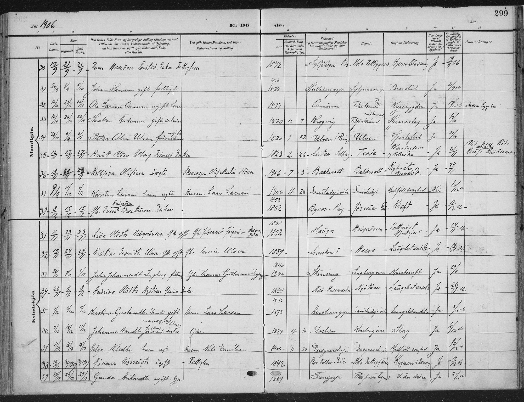 Ringsaker prestekontor, AV/SAH-PREST-014/K/Ka/L0018: Ministerialbok nr. 18, 1903-1912, s. 299