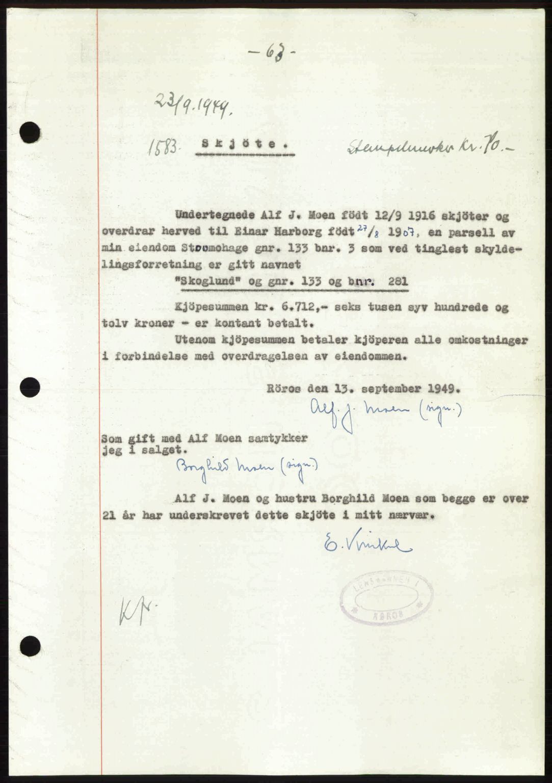 Gauldal sorenskriveri, SAT/A-0014/1/2/2C: Pantebok nr. A8, 1949-1949, Dagboknr: 1583/1949