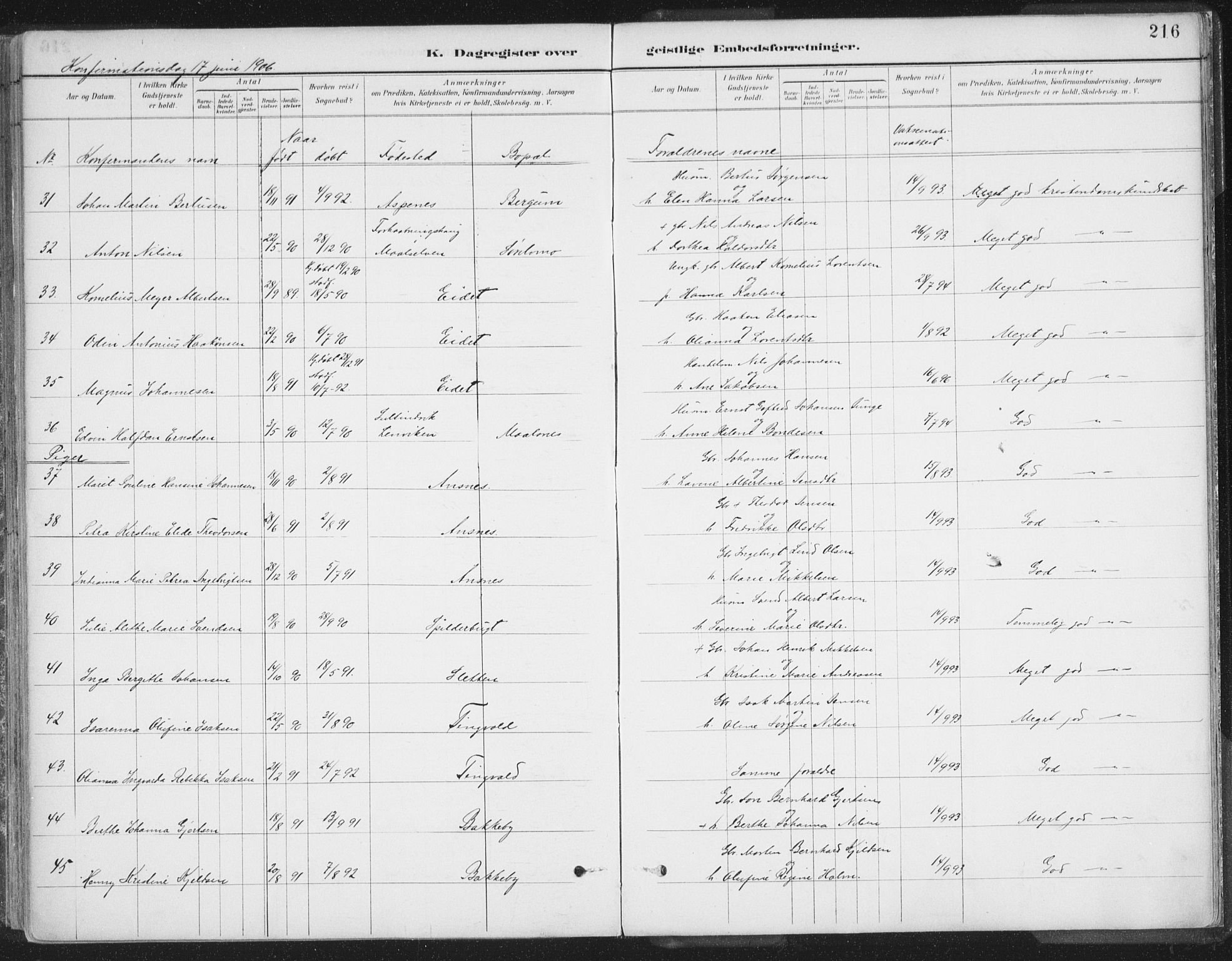 Balsfjord sokneprestembete, AV/SATØ-S-1303/G/Gaa/L0007kirke: Ministerialbok nr. 7, 1887-1909, s. 216