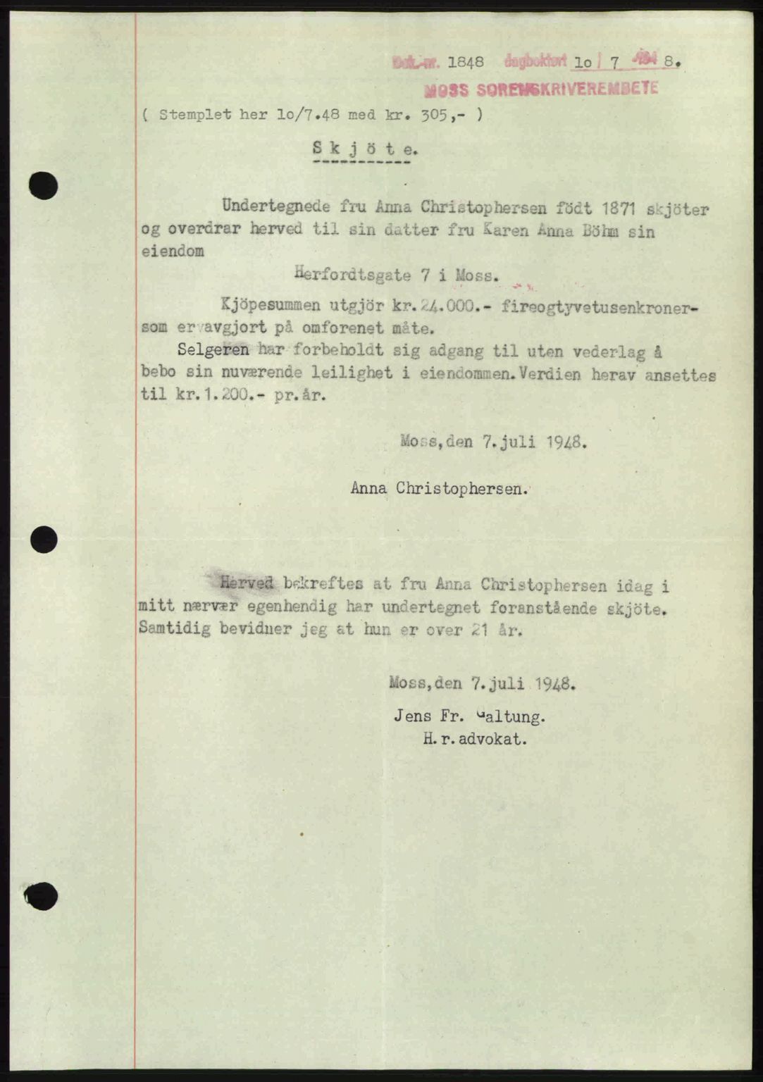 Moss sorenskriveri, SAO/A-10168: Pantebok nr. A20, 1948-1948, Dagboknr: 1848/1948