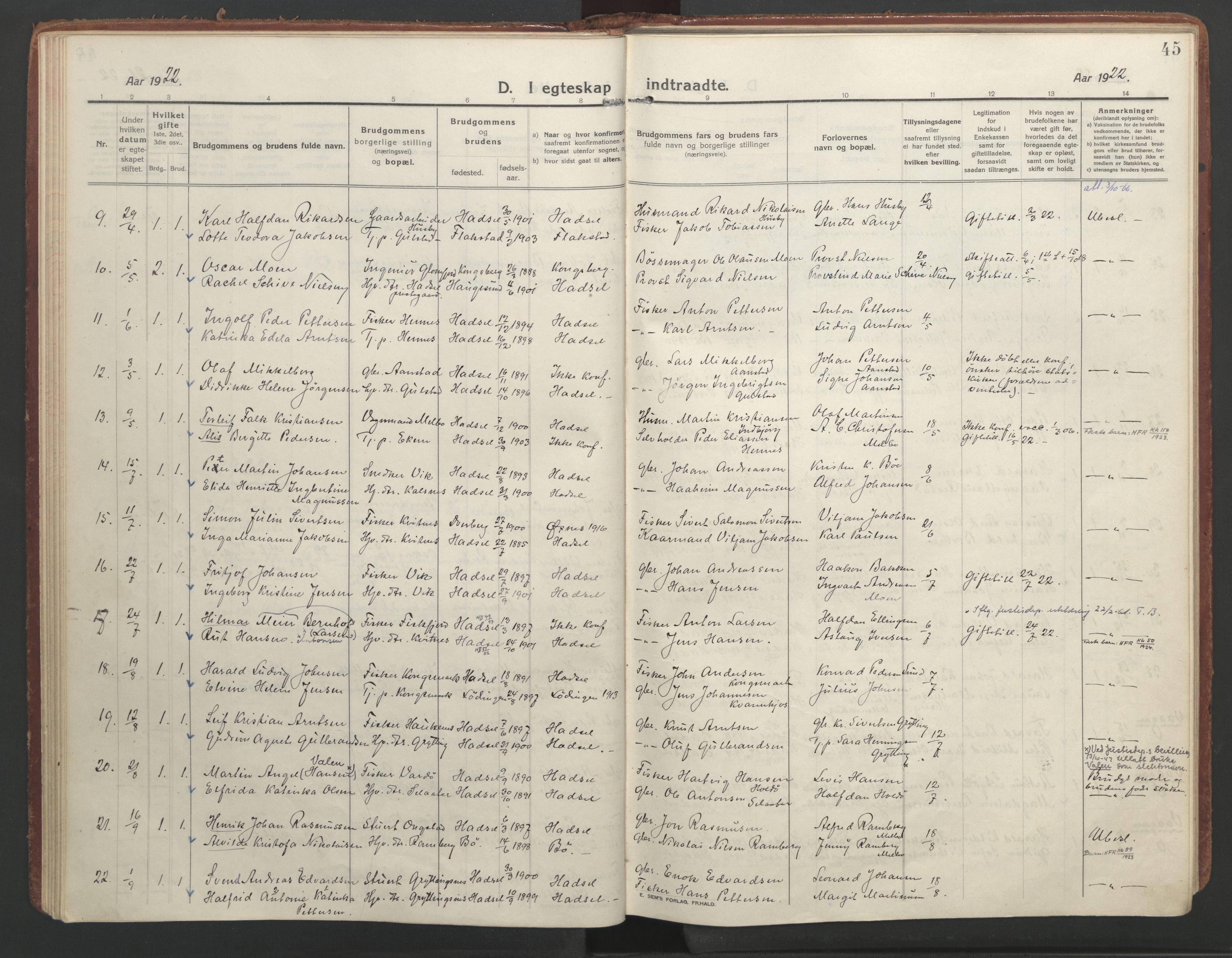 Ministerialprotokoller, klokkerbøker og fødselsregistre - Nordland, AV/SAT-A-1459/888/L1251: Ministerialbok nr. 888A17, 1913-1925, s. 45