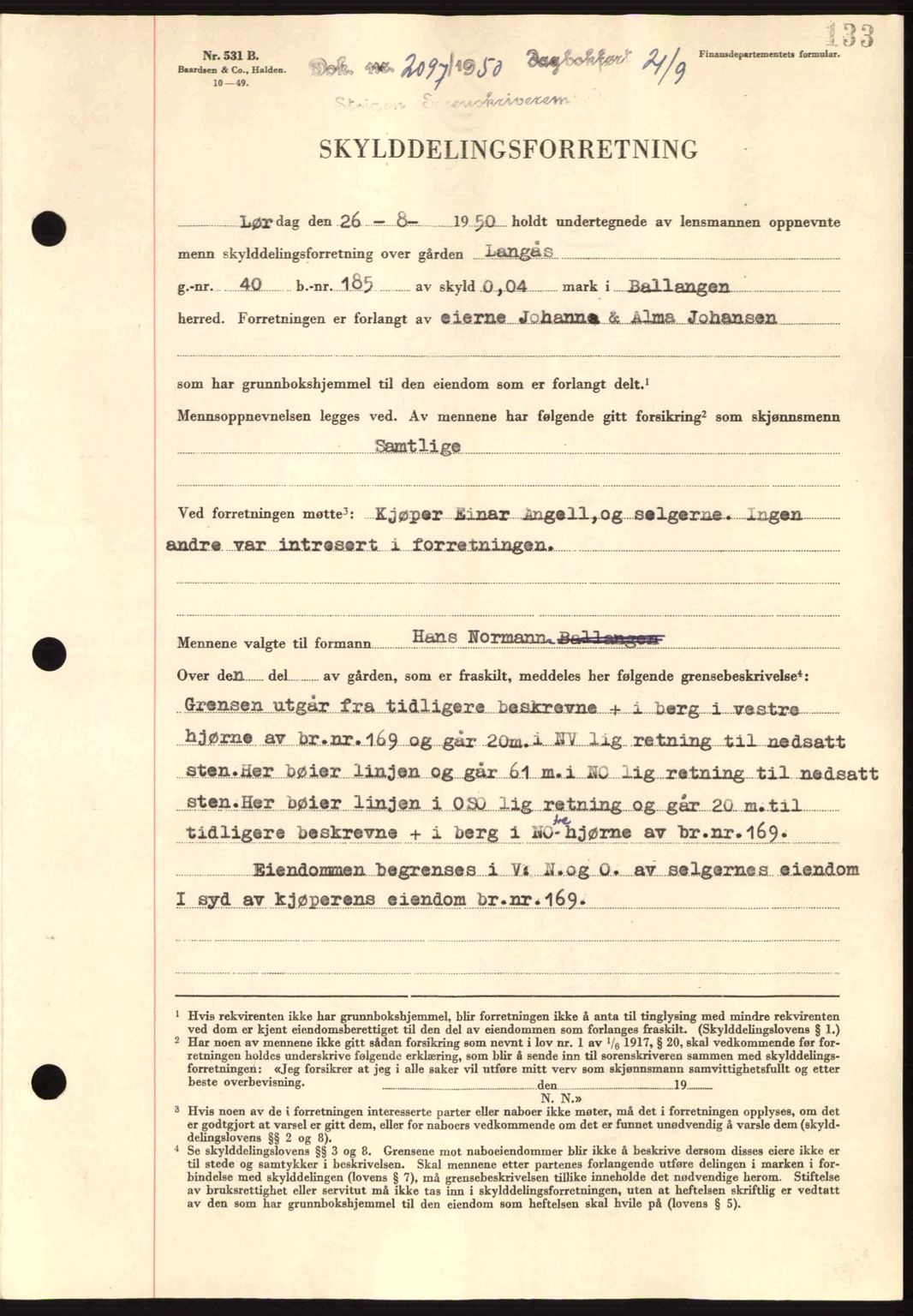 Steigen og Ofoten sorenskriveri, SAT/A-0030/1/2/2C: Pantebok nr. A21, 1950-1950, Dagboknr: 2097/1950