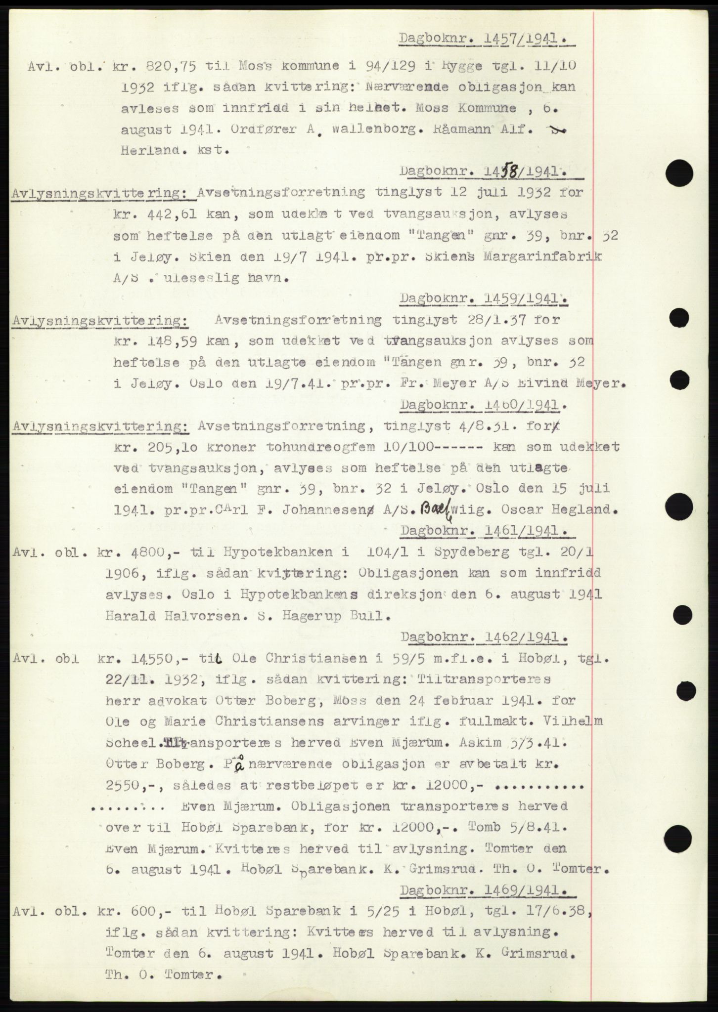 Moss sorenskriveri, SAO/A-10168: Pantebok nr. C10, 1938-1950, Dagboknr: 1457/1941