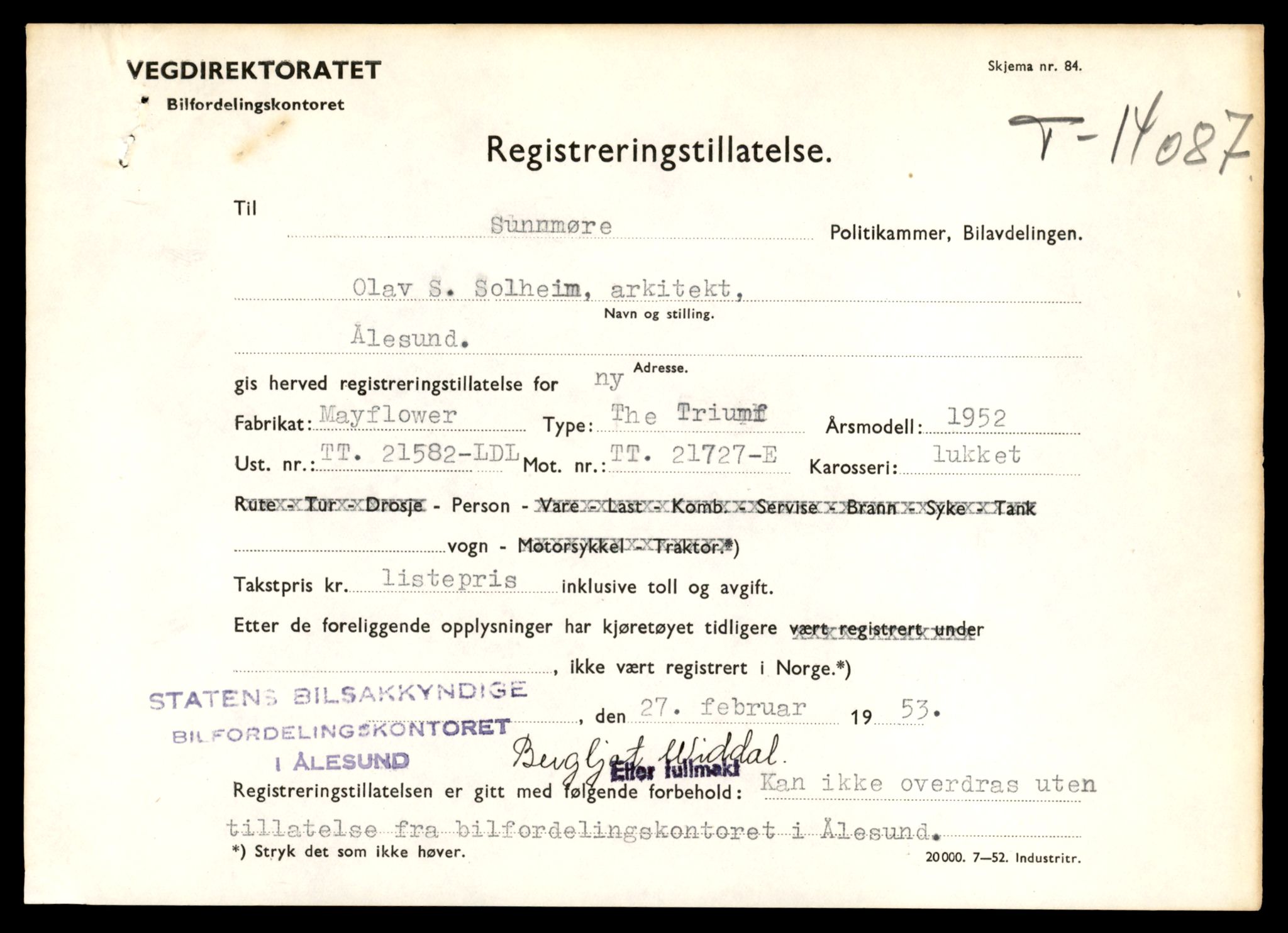 Møre og Romsdal vegkontor - Ålesund trafikkstasjon, AV/SAT-A-4099/F/Fe/L0043: Registreringskort for kjøretøy T 14080 - T 14204, 1927-1998, s. 197