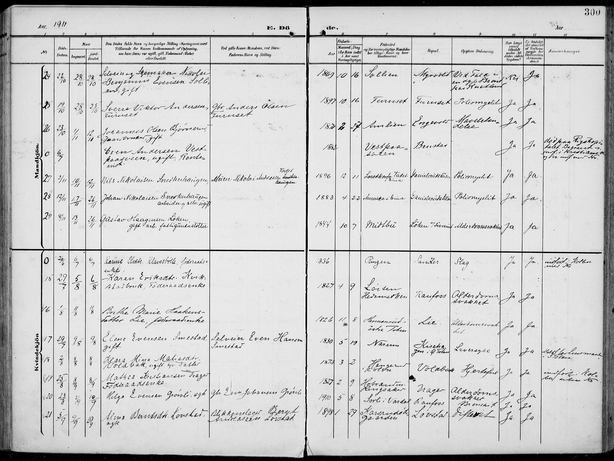 Vestre Toten prestekontor, AV/SAH-PREST-108/H/Ha/Haa/L0014: Ministerialbok nr. 14, 1907-1920, s. 300