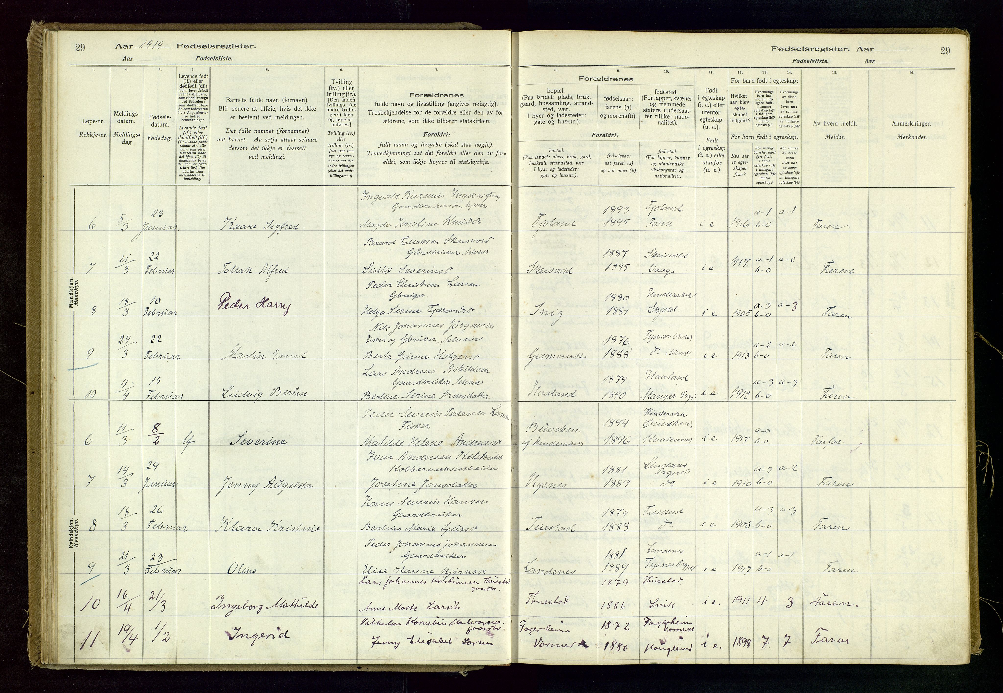 Avaldsnes sokneprestkontor, SAST/A -101851/I/Id/L0001: Fødselsregister nr. 1, 1916-1946, s. 29