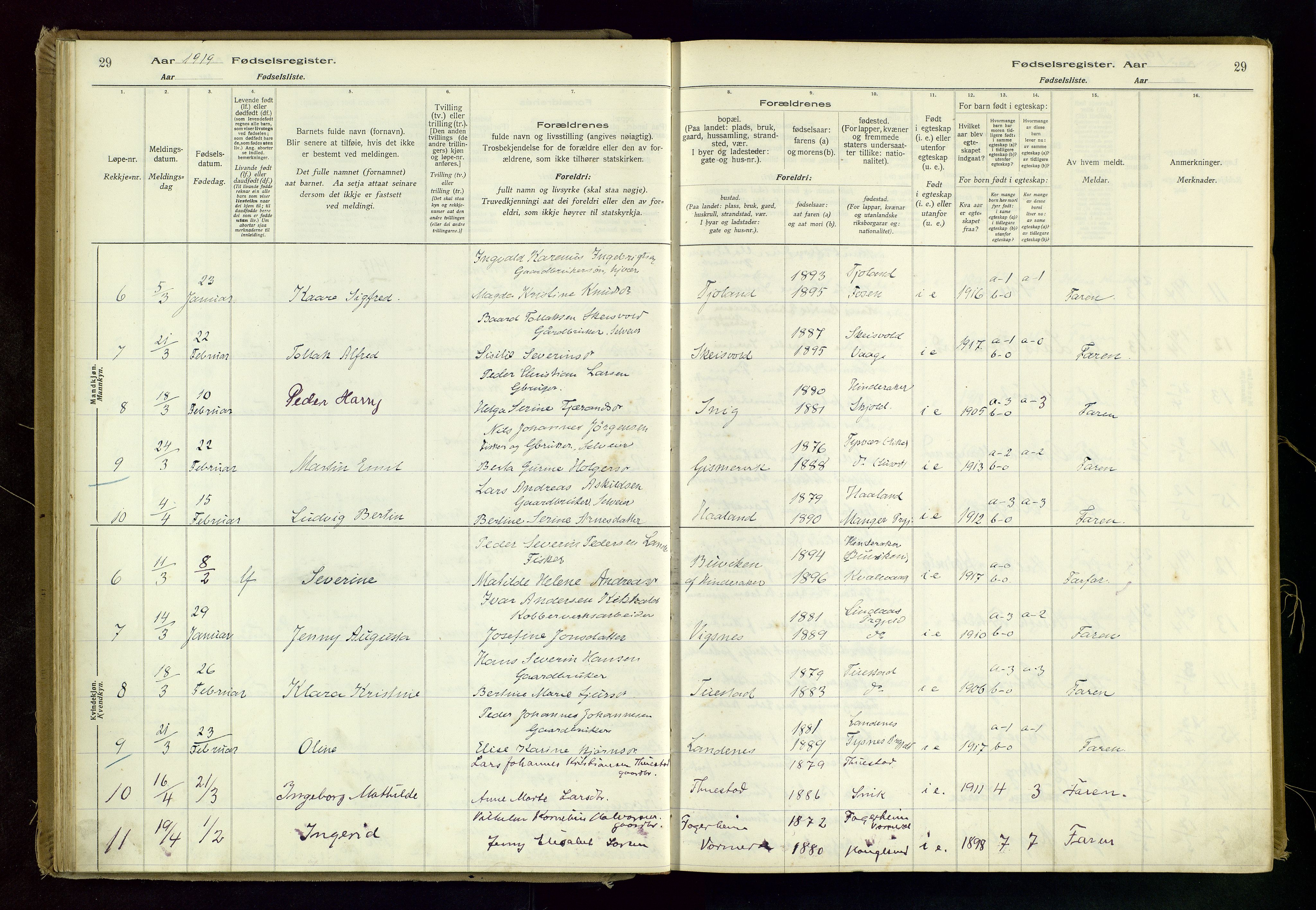 Avaldsnes sokneprestkontor, AV/SAST-A -101851/I/Id/L0001: Fødselsregister nr. 1, 1916-1946, s. 29