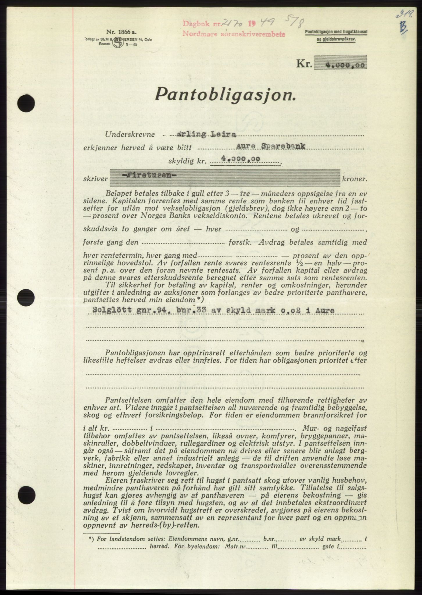 Nordmøre sorenskriveri, SAT/A-4132/1/2/2Ca: Pantebok nr. B102, 1949-1949, Dagboknr: 2170/1949