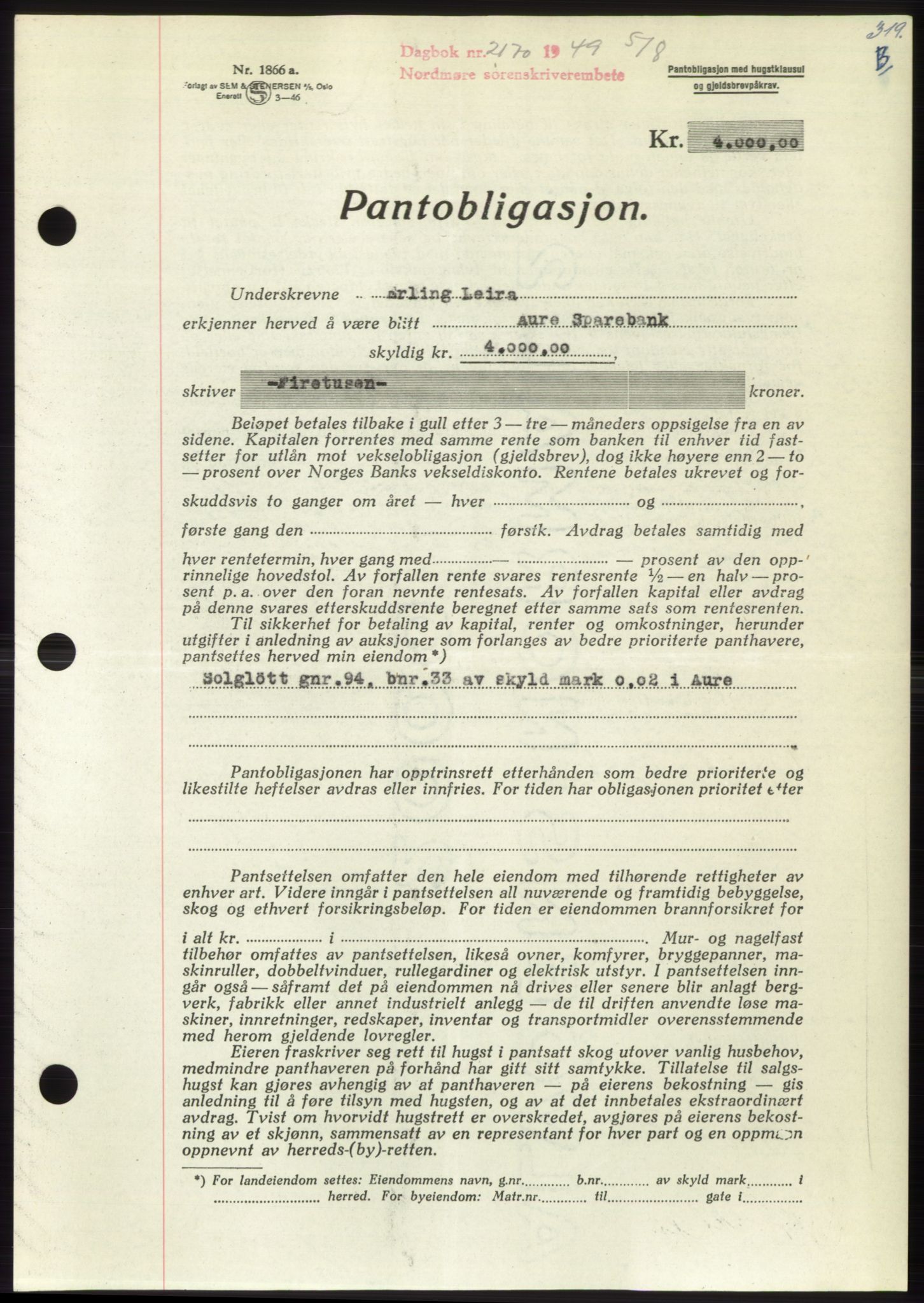 Nordmøre sorenskriveri, AV/SAT-A-4132/1/2/2Ca: Pantebok nr. B102, 1949-1949, Dagboknr: 2170/1949