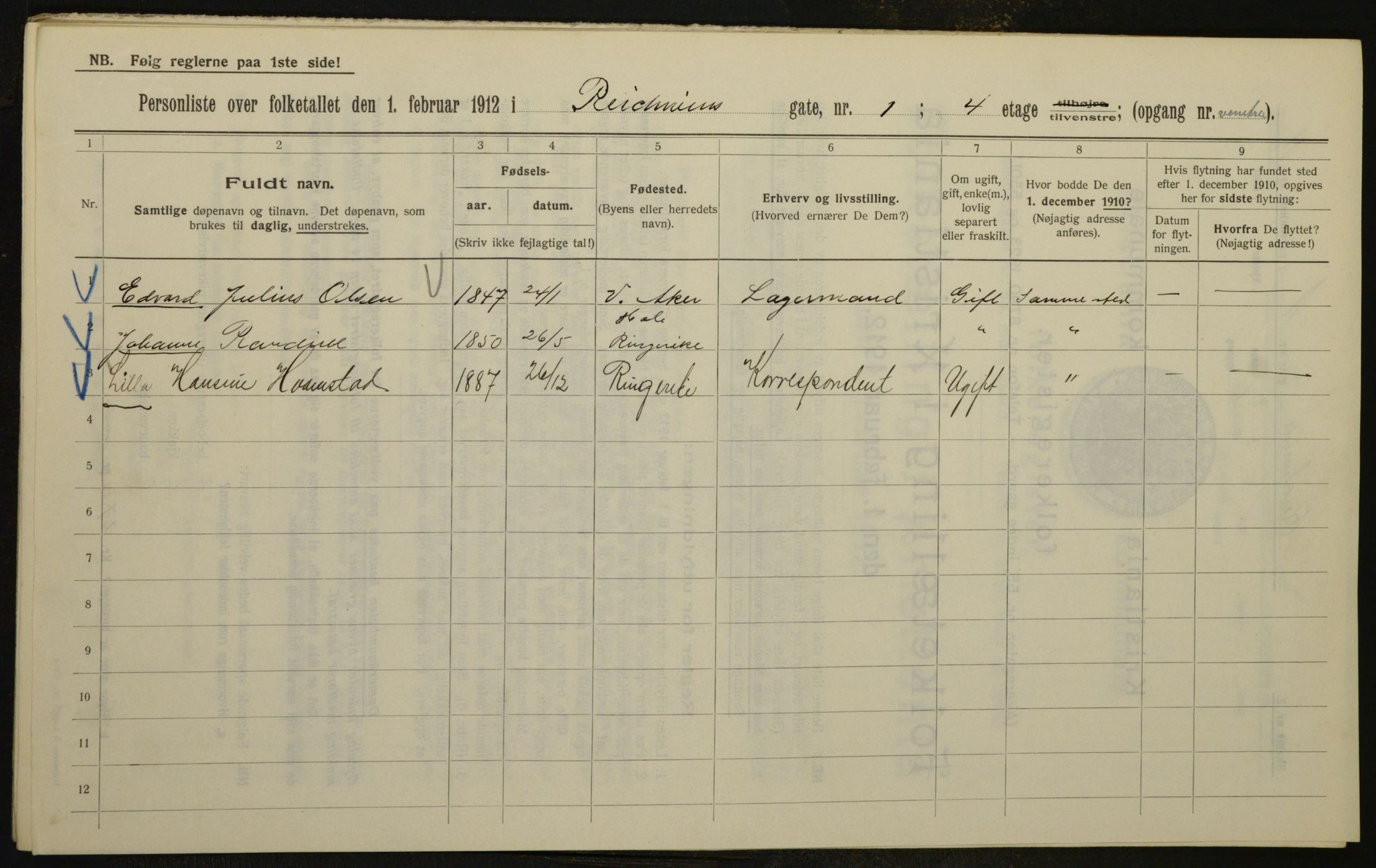 OBA, Kommunal folketelling 1.2.1912 for Kristiania, 1912, s. 82836