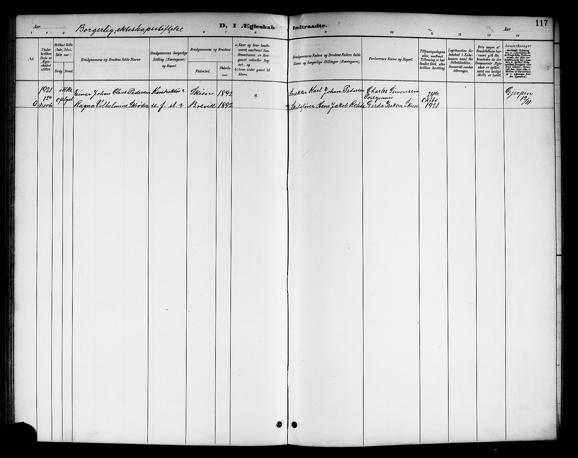 Brunlanes kirkebøker, AV/SAKO-A-342/G/Gc/L0002: Klokkerbok nr. III 2, 1891-1922, s. 117
