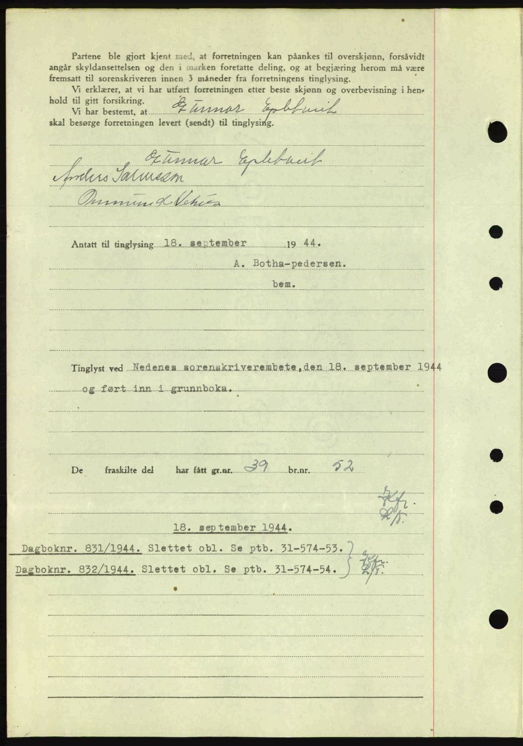 Nedenes sorenskriveri, AV/SAK-1221-0006/G/Gb/Gba/L0052: Pantebok nr. A6a, 1944-1945, Dagboknr: 830/1944