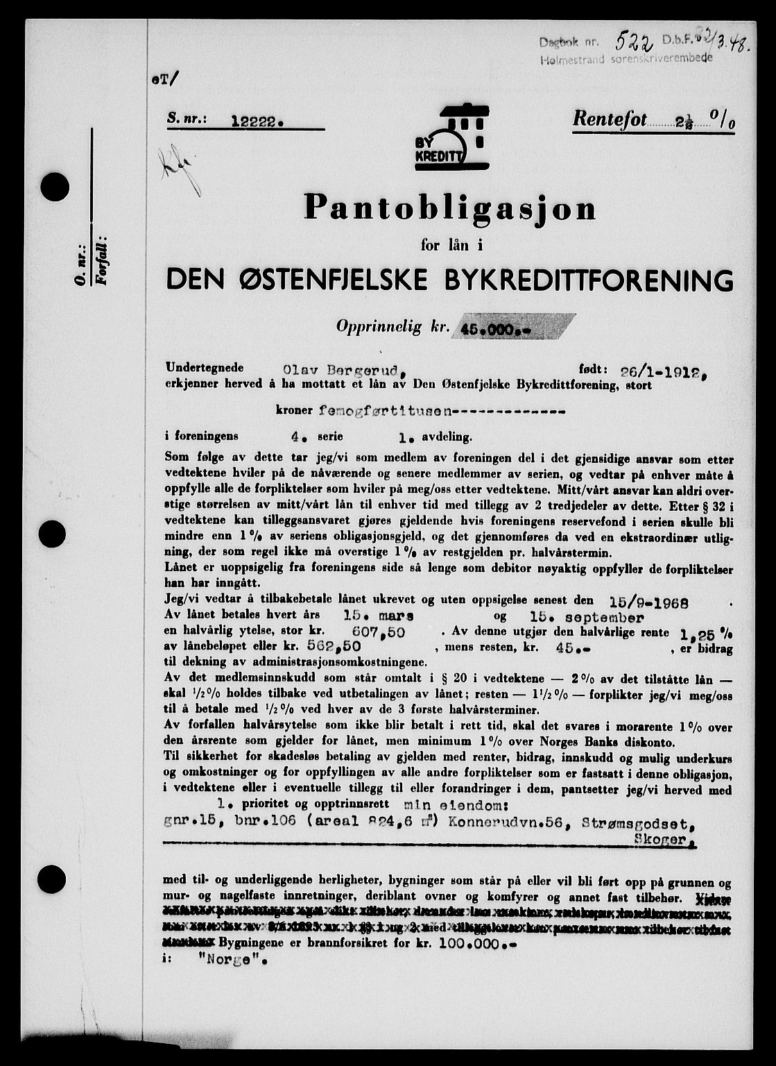 Holmestrand sorenskriveri, SAKO/A-67/G/Ga/Gab/L0058: Pantebok nr. B-58, 1947-1948, Dagboknr: 522/1948