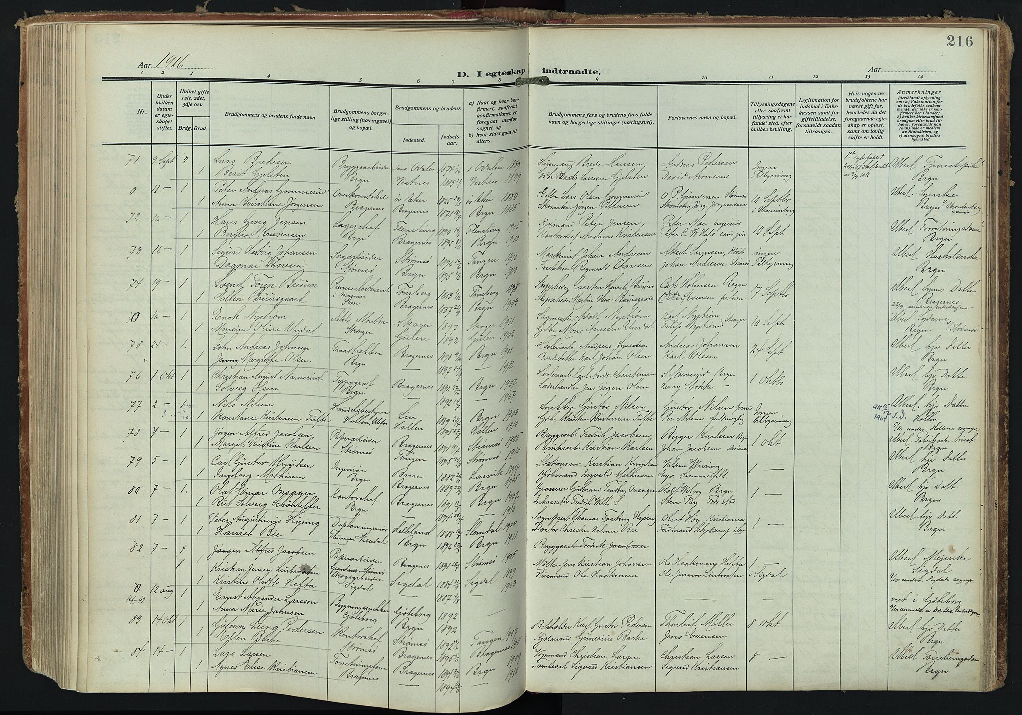 Bragernes kirkebøker, AV/SAKO-A-6/F/Fc/L0008: Ministerialbok nr. III 8, 1909-1921, s. 216