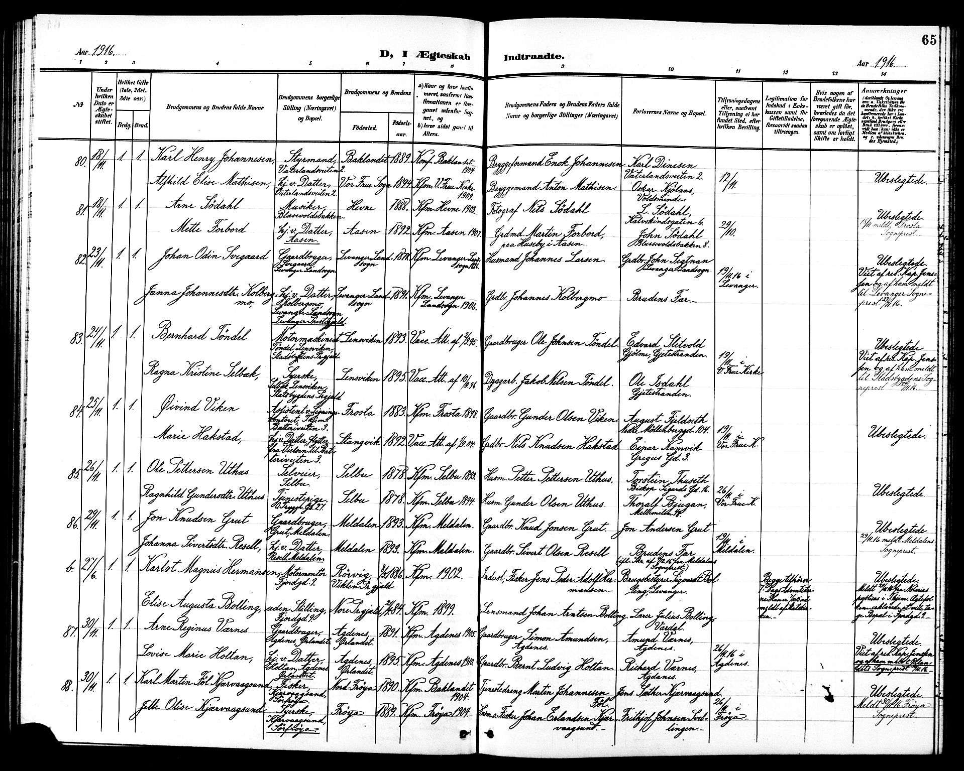 Ministerialprotokoller, klokkerbøker og fødselsregistre - Sør-Trøndelag, SAT/A-1456/602/L0145: Klokkerbok nr. 602C13, 1902-1919, s. 65