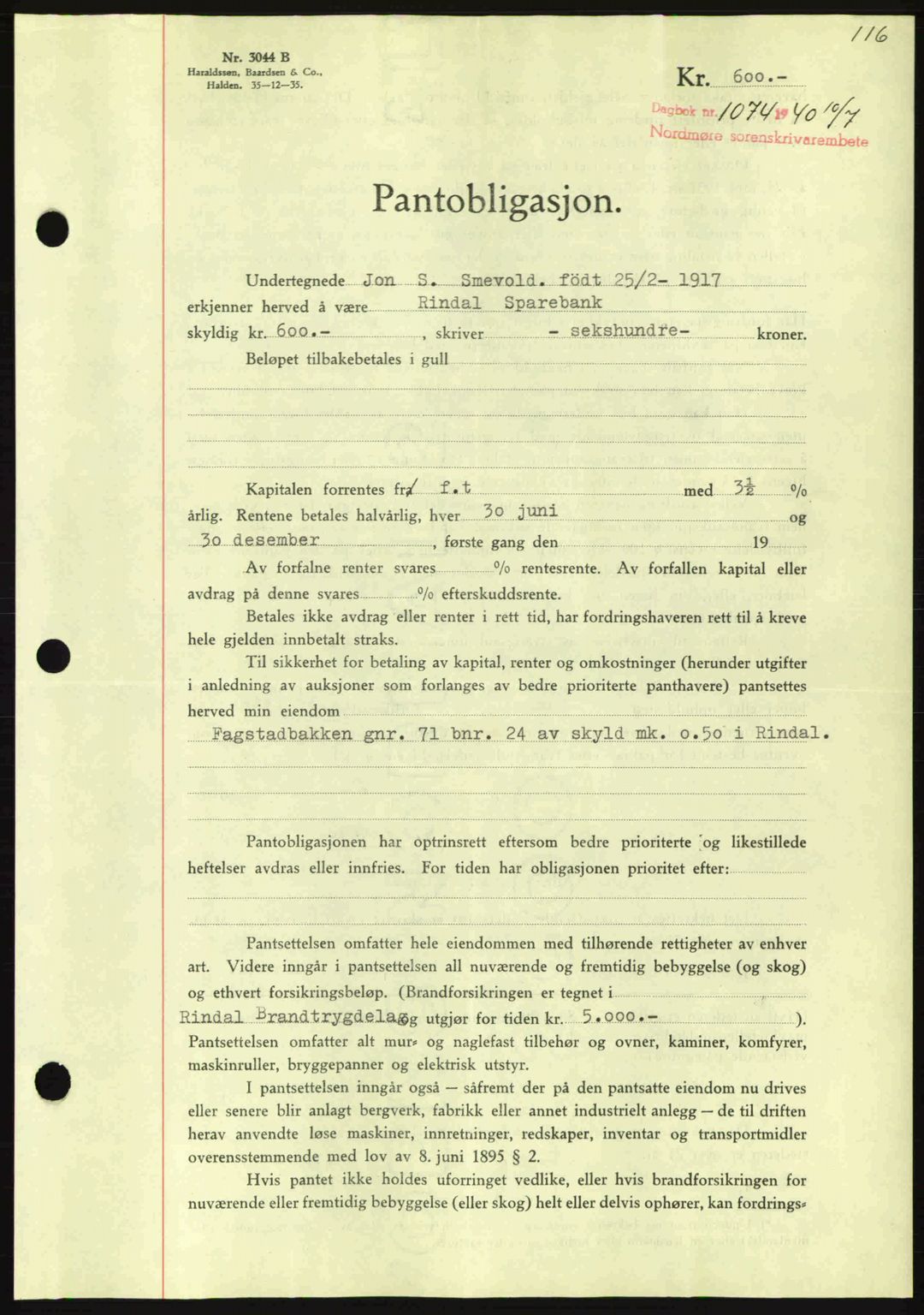 Nordmøre sorenskriveri, AV/SAT-A-4132/1/2/2Ca: Pantebok nr. B87, 1940-1941, Dagboknr: 1073/1940