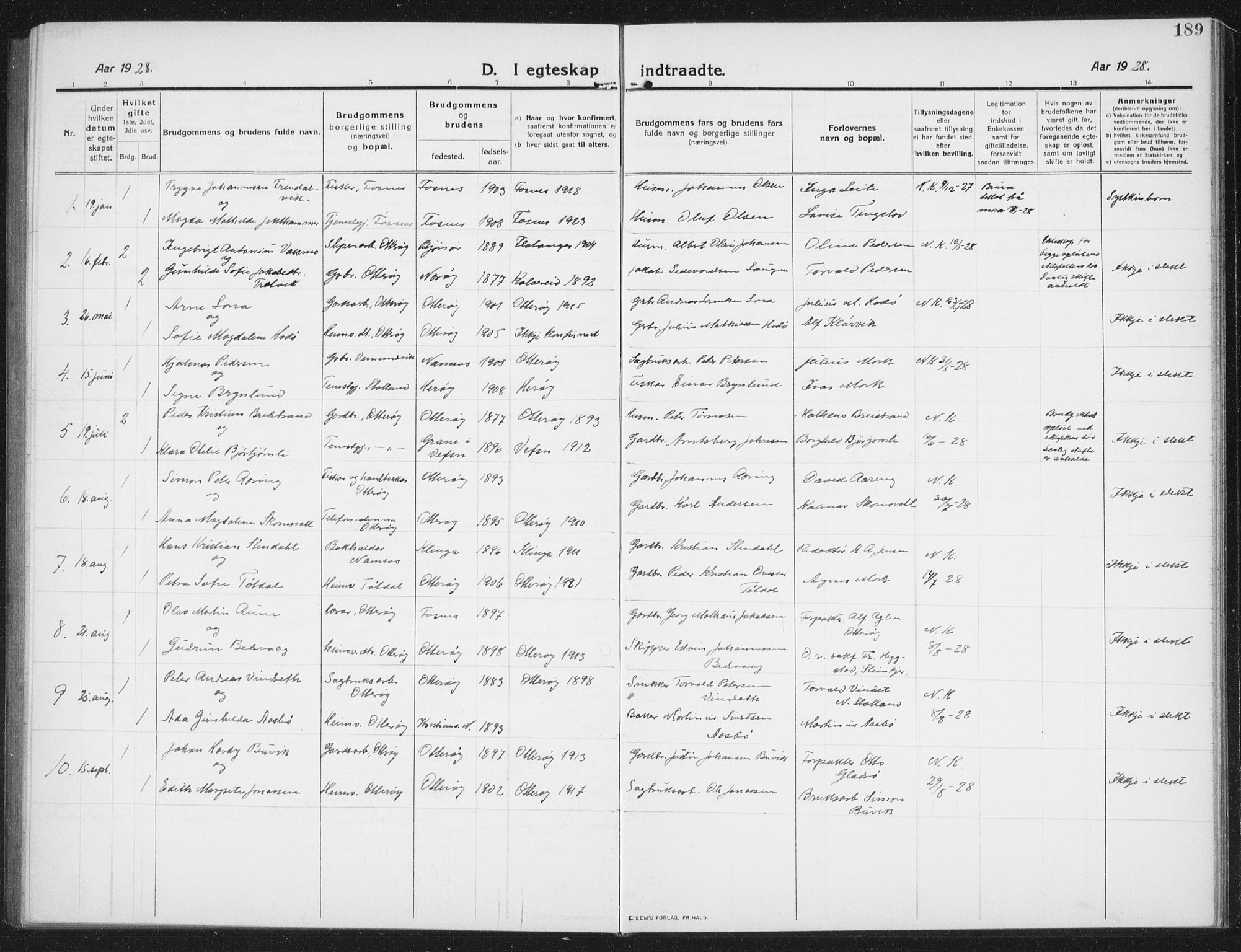 Ministerialprotokoller, klokkerbøker og fødselsregistre - Nord-Trøndelag, SAT/A-1458/774/L0630: Klokkerbok nr. 774C01, 1910-1934, s. 189
