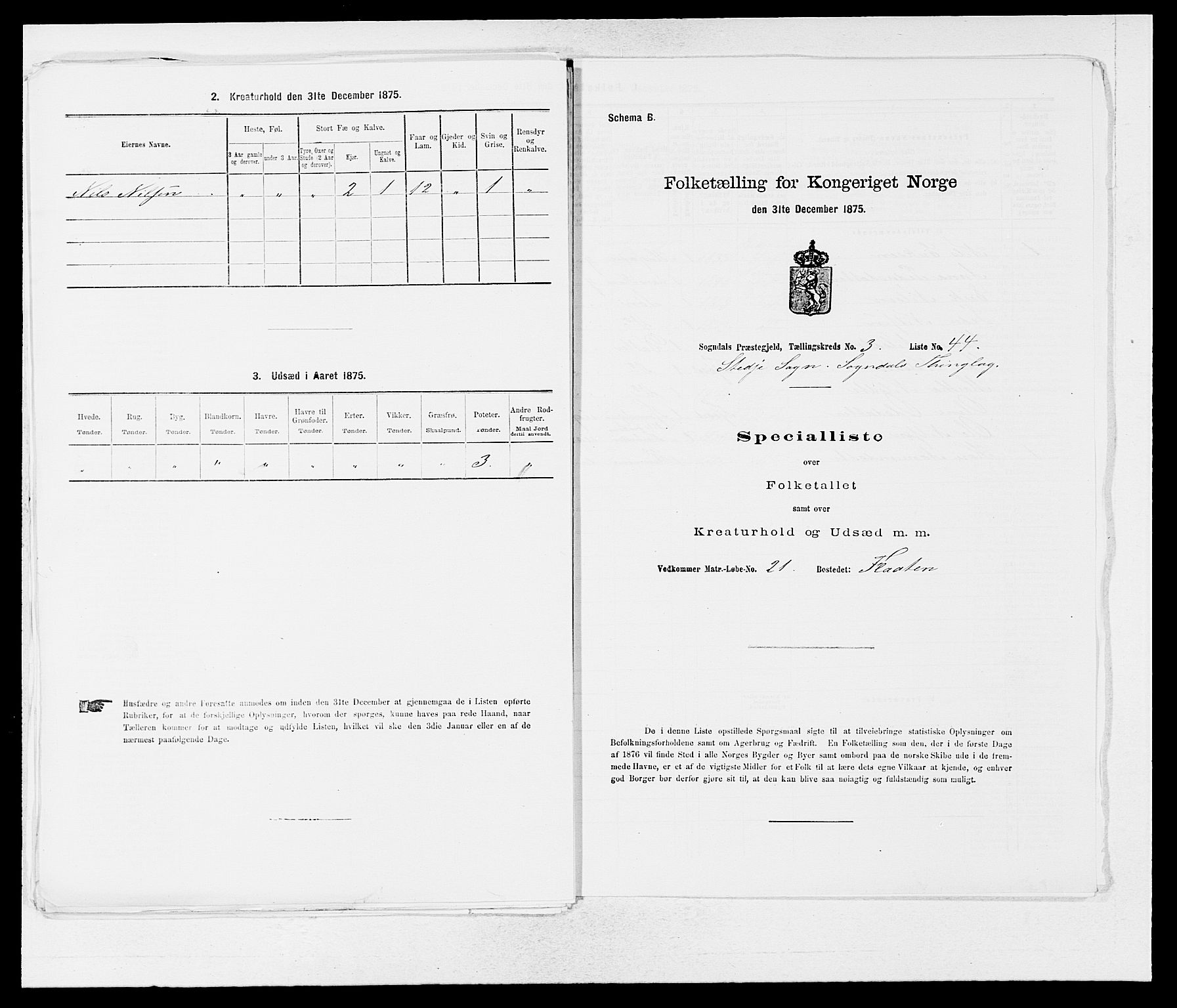 SAB, Folketelling 1875 for 1420P Sogndal prestegjeld, 1875, s. 292