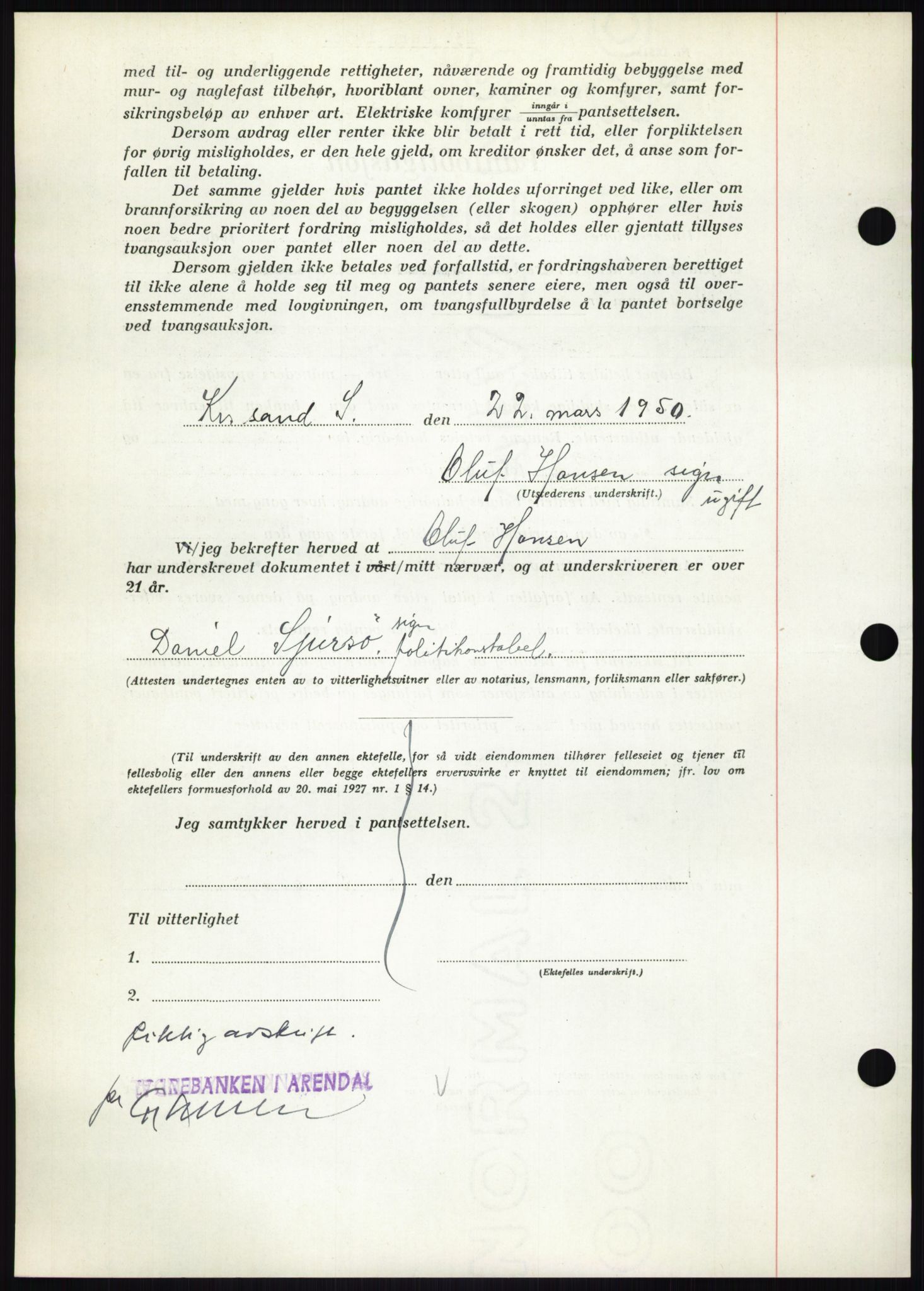 Nedenes sorenskriveri, AV/SAK-1221-0006/G/Gb/Gbb/L0007: Pantebok nr. B7, 1949-1950, Dagboknr: 454/1950