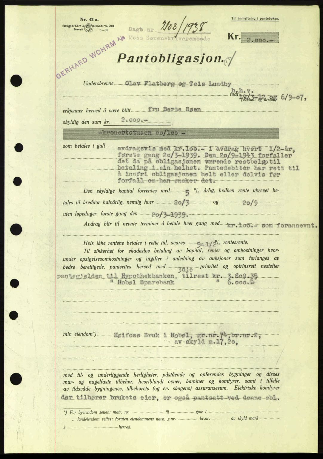 Moss sorenskriveri, SAO/A-10168: Pantebok nr. B6, 1938-1938, Dagboknr: 2103/1938