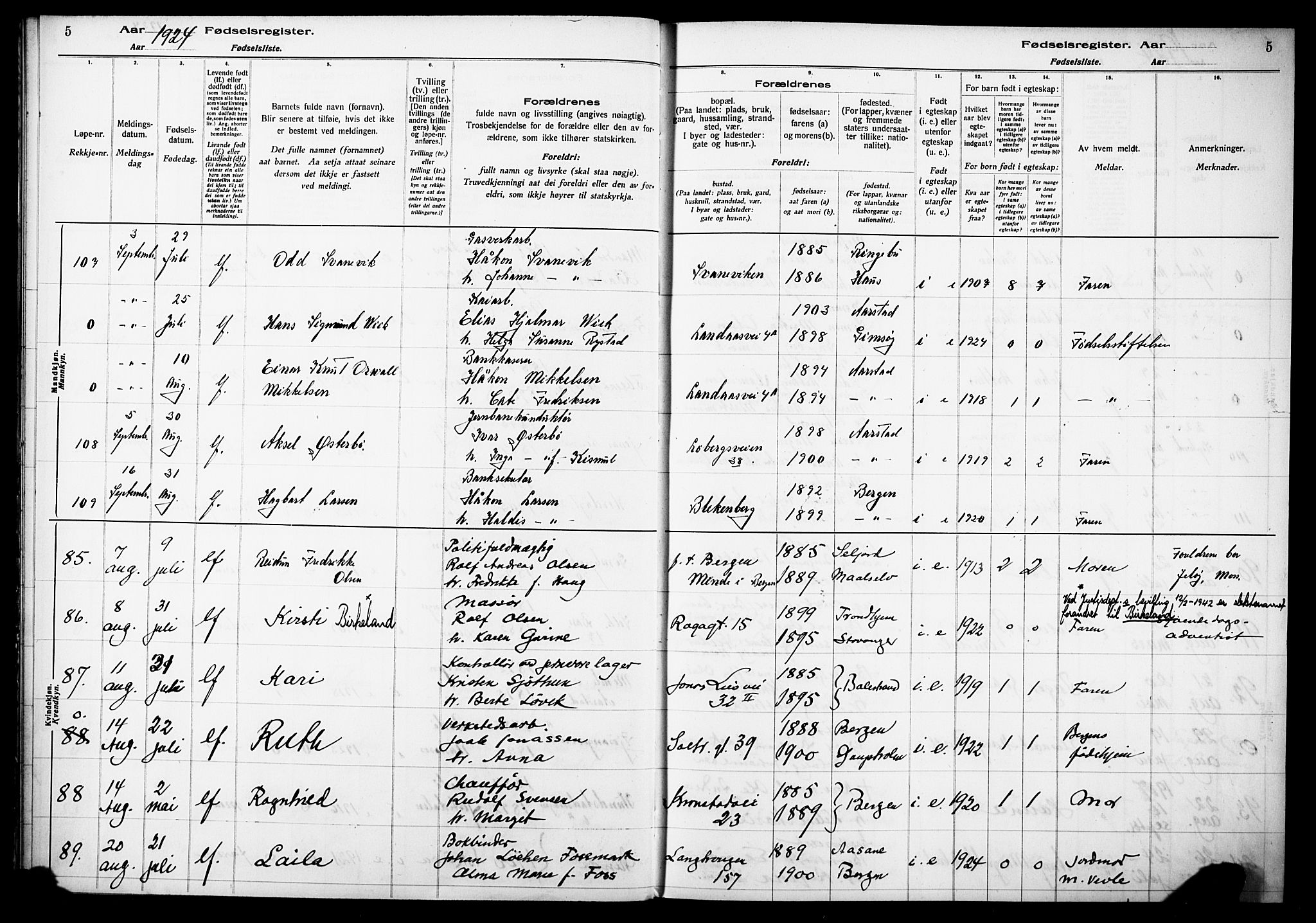 Årstad Sokneprestembete, AV/SAB-A-79301/I/Id/L0A03: Fødselsregister nr. A 3, 1924-1929, s. 5