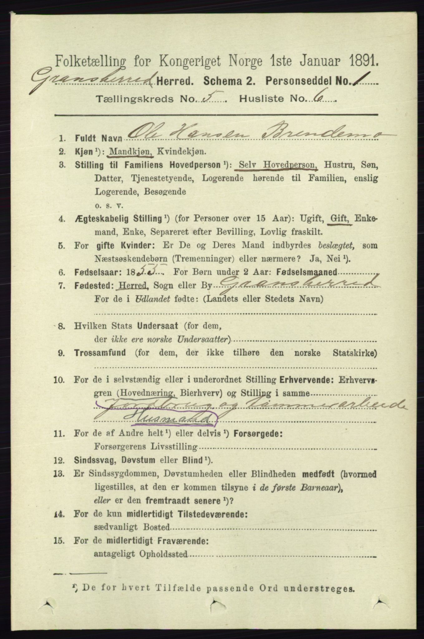 RA, Folketelling 1891 for 0824 Gransherad herred, 1891, s. 870