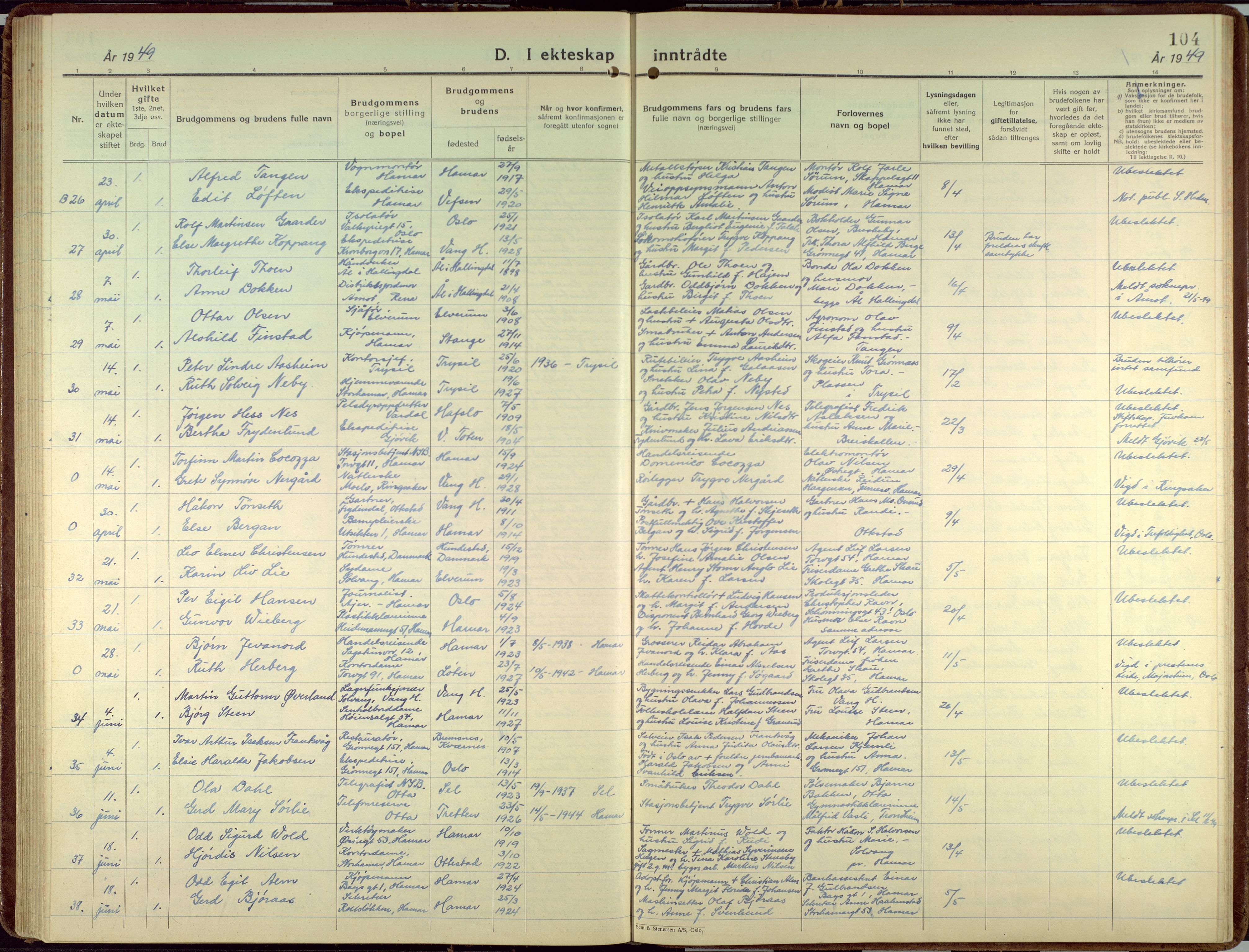 Hamar prestekontor, AV/SAH-DOMPH-002/H/Ha/Haa/L0006: Ministerialbok nr. 6, 1931-1953, s. 104