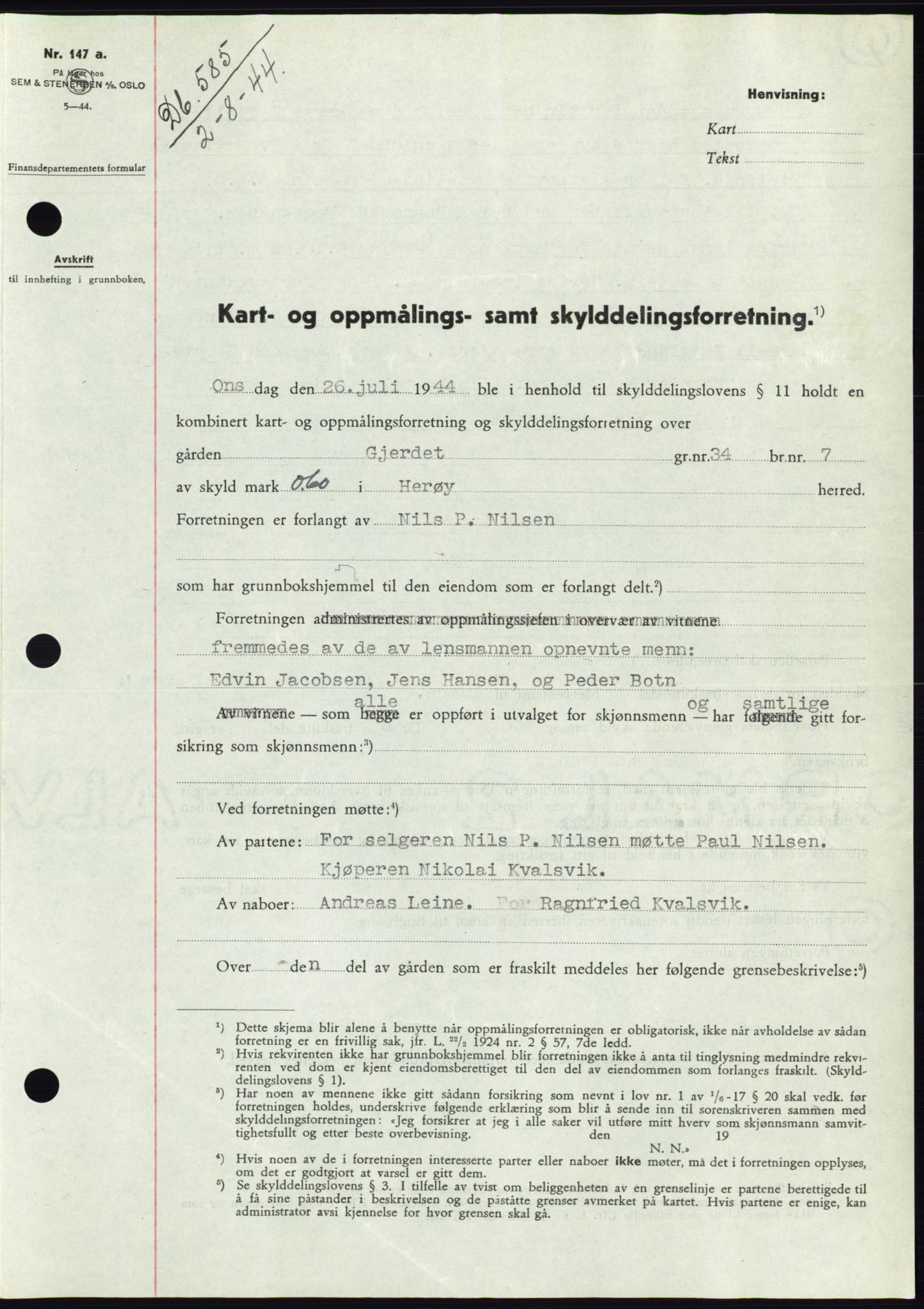 Søre Sunnmøre sorenskriveri, SAT/A-4122/1/2/2C/L0076: Pantebok nr. 2A, 1943-1944, Dagboknr: 585/1944