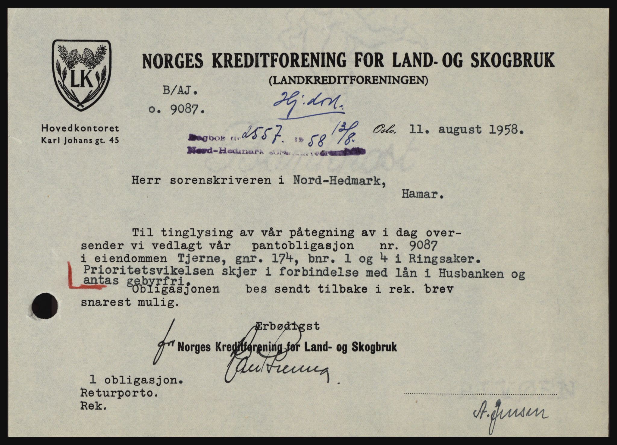 Nord-Hedmark sorenskriveri, SAH/TING-012/H/Hc/L0012: Pantebok nr. 12, 1957-1958, Dagboknr: 2557/1958