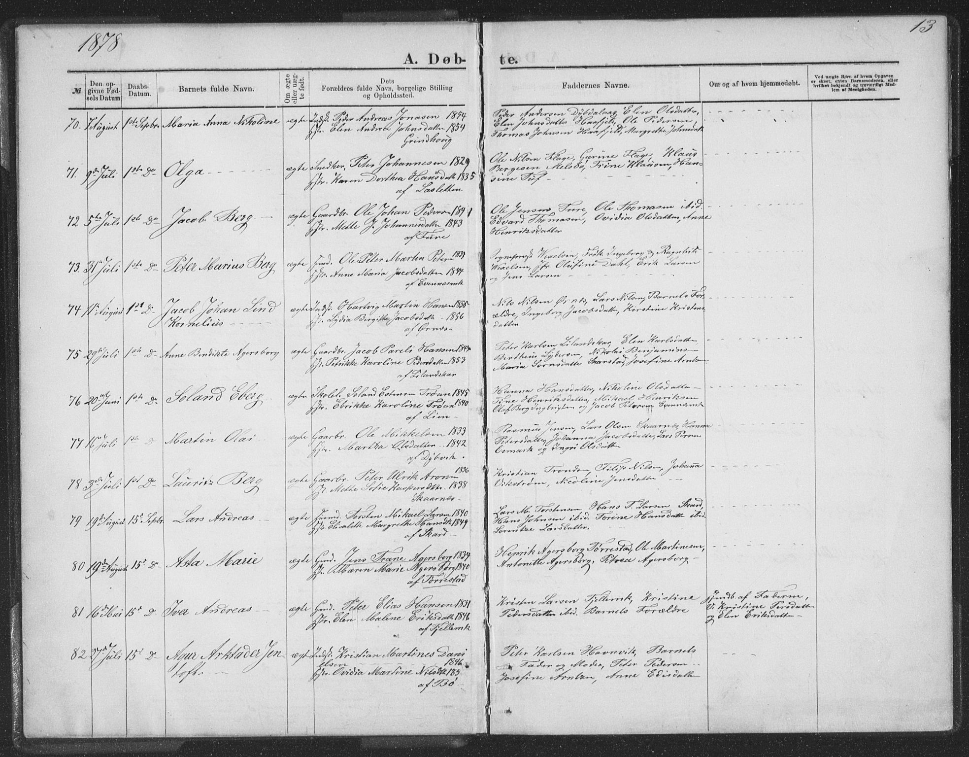 Ministerialprotokoller, klokkerbøker og fødselsregistre - Nordland, AV/SAT-A-1459/863/L0913: Klokkerbok nr. 863C03, 1877-1885, s. 13