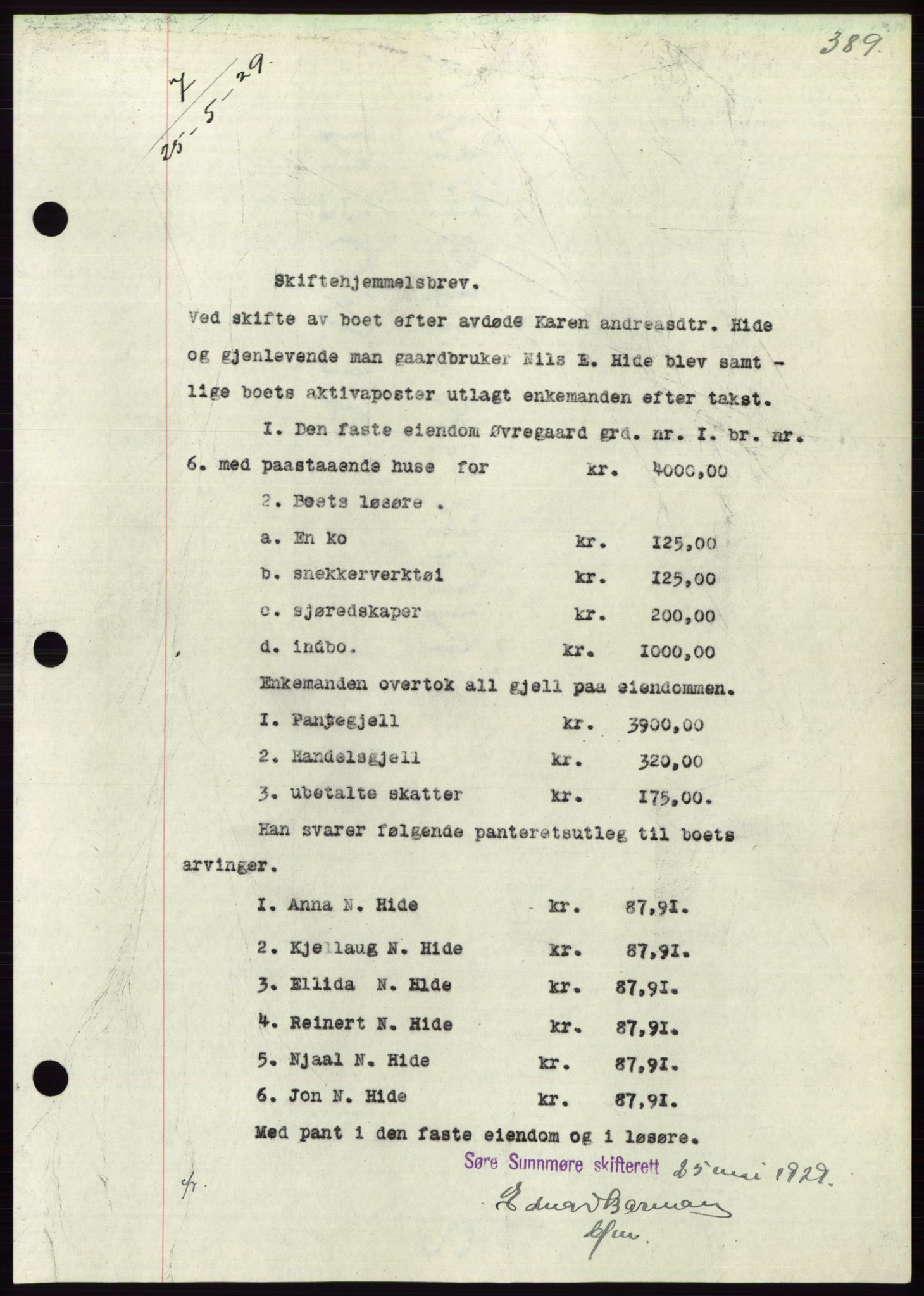 Søre Sunnmøre sorenskriveri, AV/SAT-A-4122/1/2/2C/L0049: Pantebok nr. 43, 1929-1929, Tingl.dato: 25.05.1929