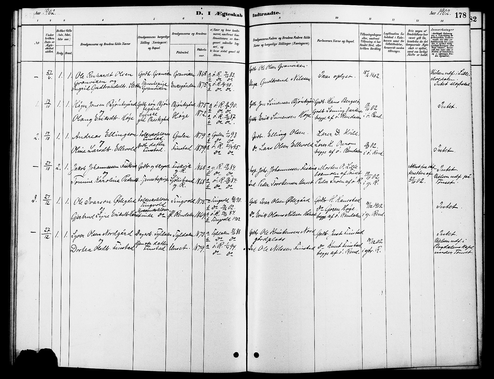 Rendalen prestekontor, AV/SAH-PREST-054/H/Ha/Hab/L0003: Klokkerbok nr. 3, 1879-1904, s. 178
