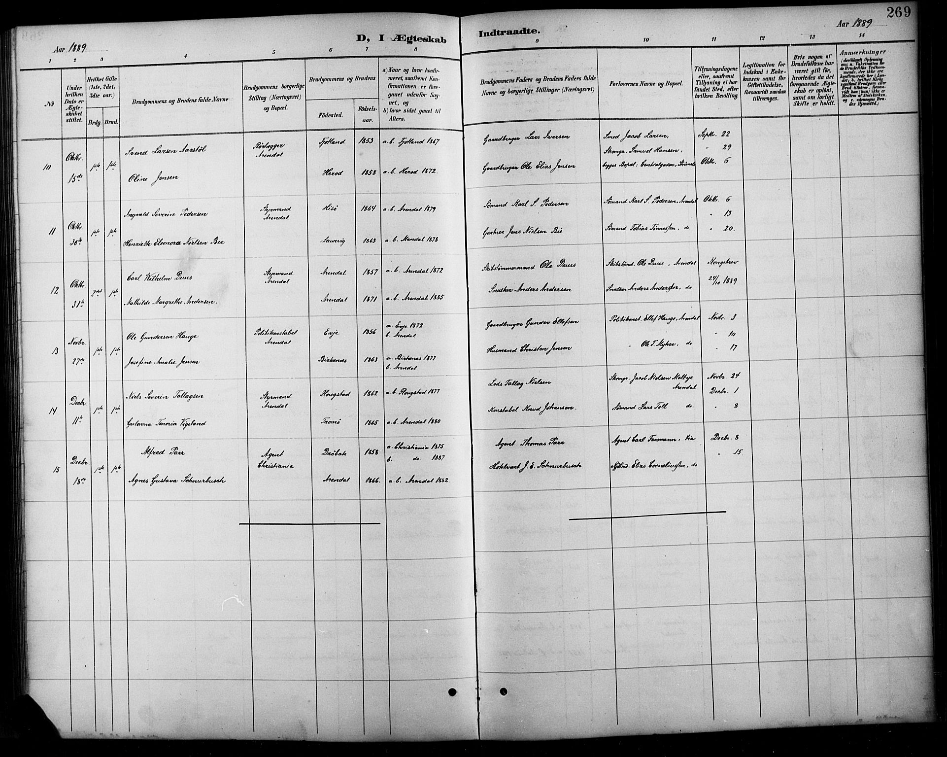 Arendal sokneprestkontor, Trefoldighet, AV/SAK-1111-0040/F/Fb/L0006: Klokkerbok nr. B 6, 1889-1916, s. 269